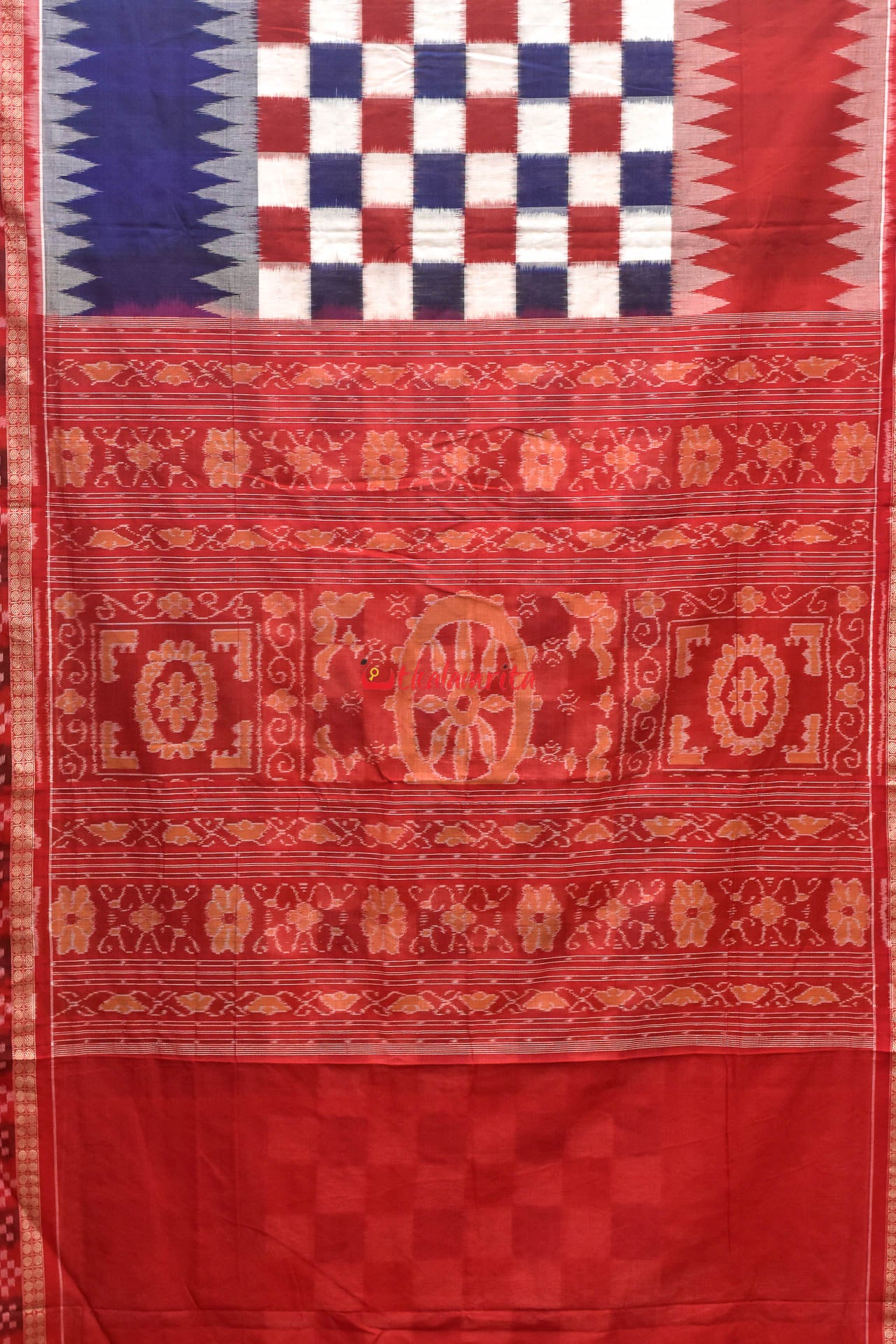 Blue Red Box Pasapali 3D Cotton Saree