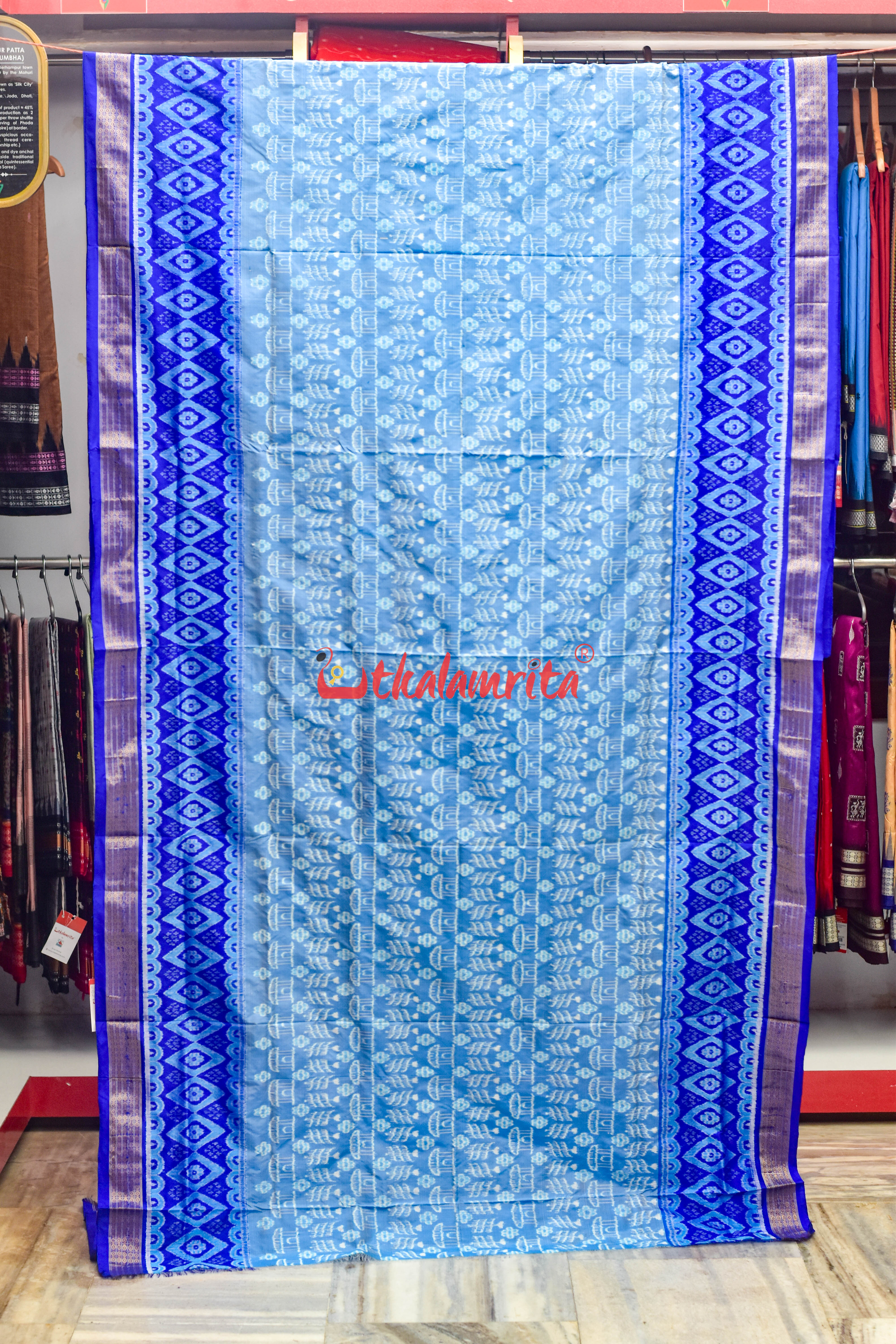 Sky Blue Deep Blue Half Tissue Sambalpuri Silk Saree
