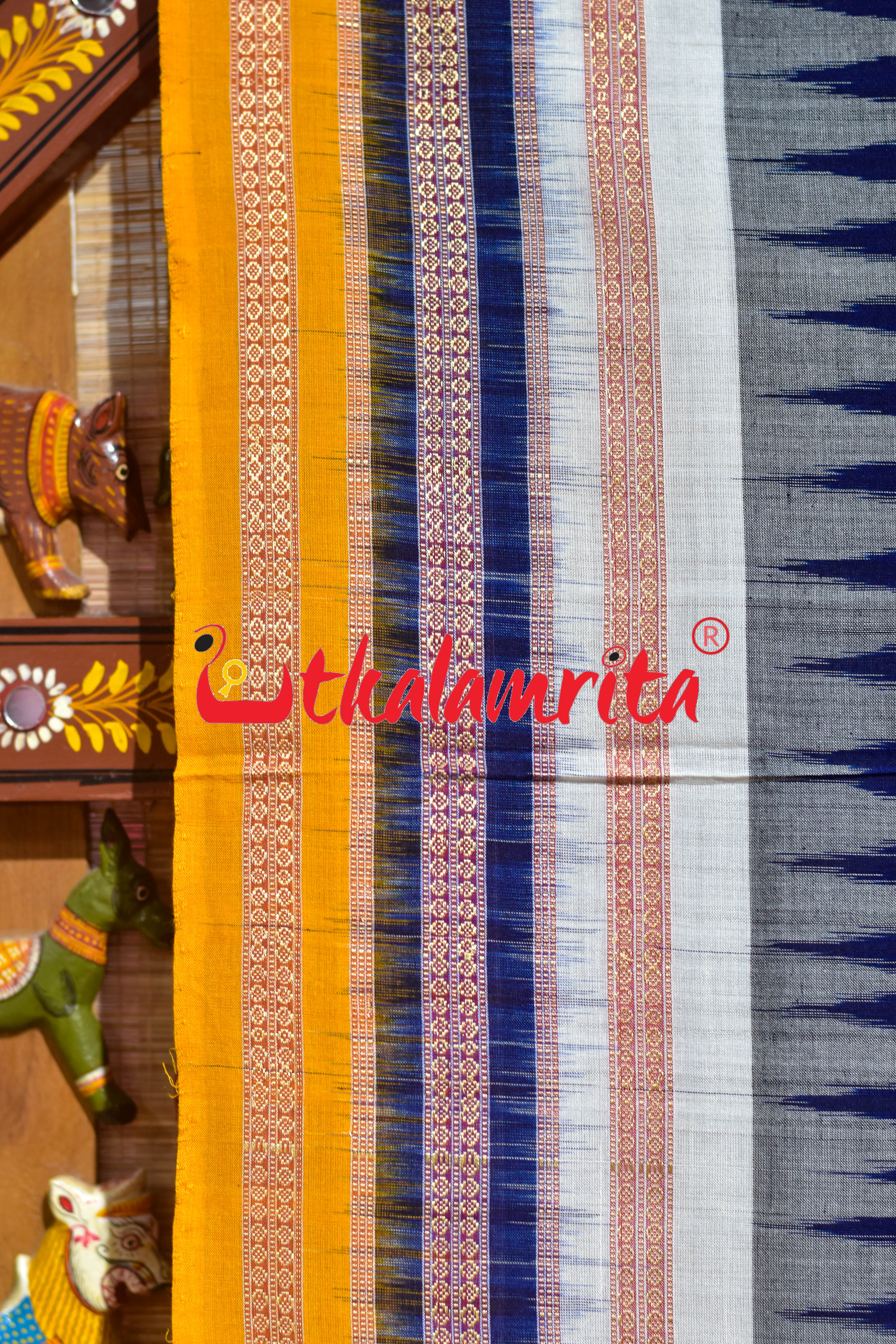 Navy Blue Yellow 3 Dhadi Doll Bomkai Cotton Saree