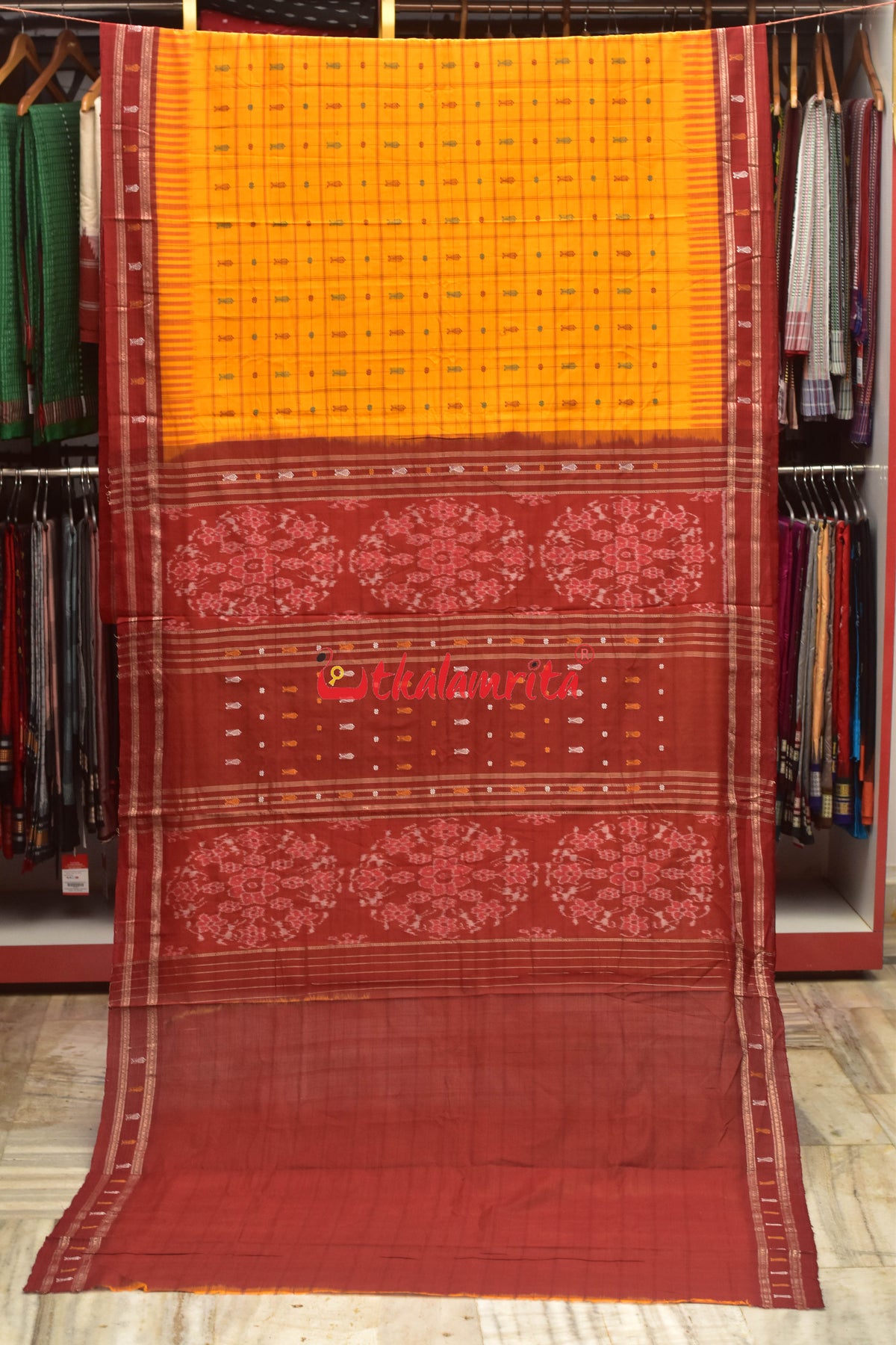 Nuapatna Hazar Buti Yellow Red Cotton Saree