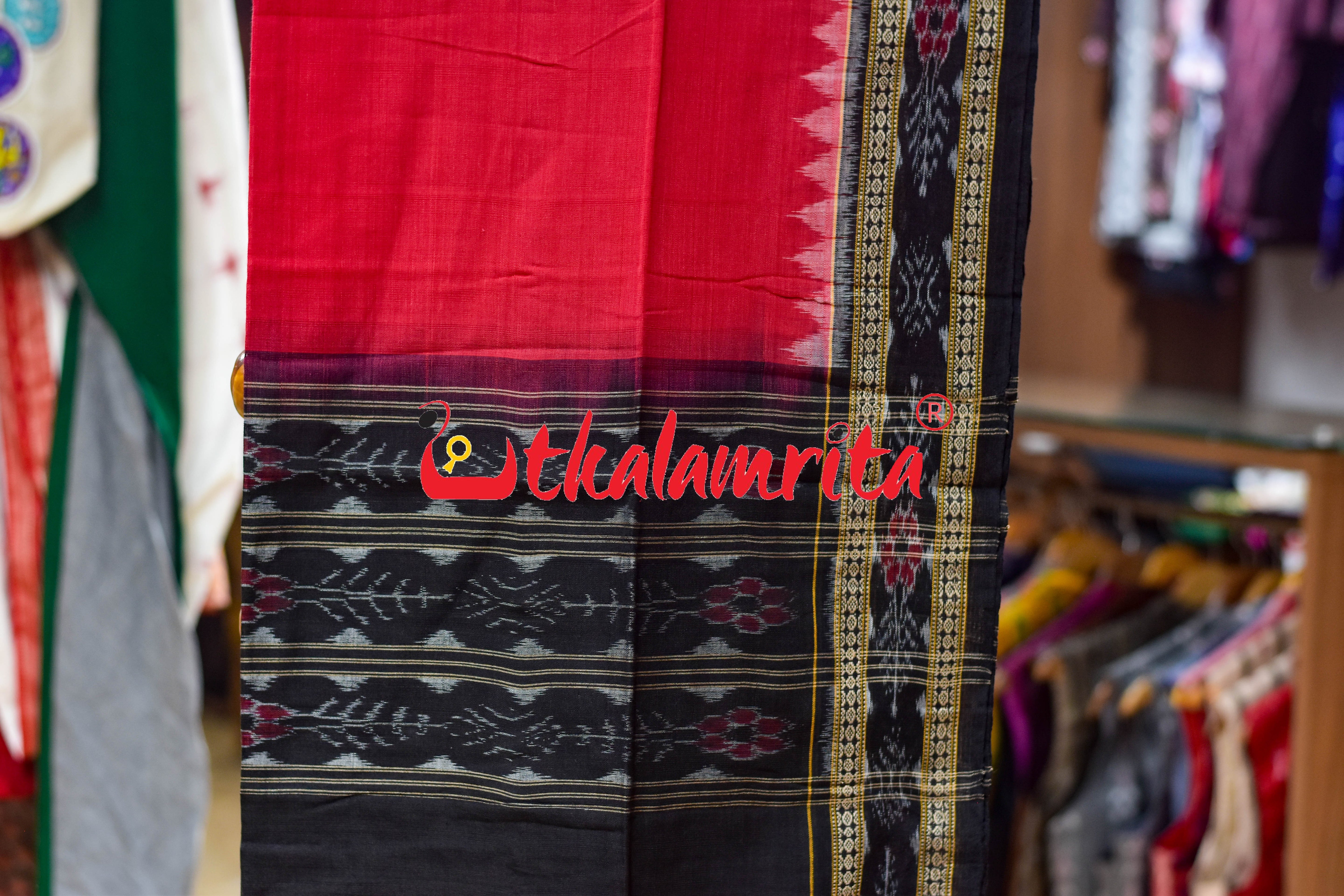 Black Red Damru Kothi Pasapali Cotton Dress Set