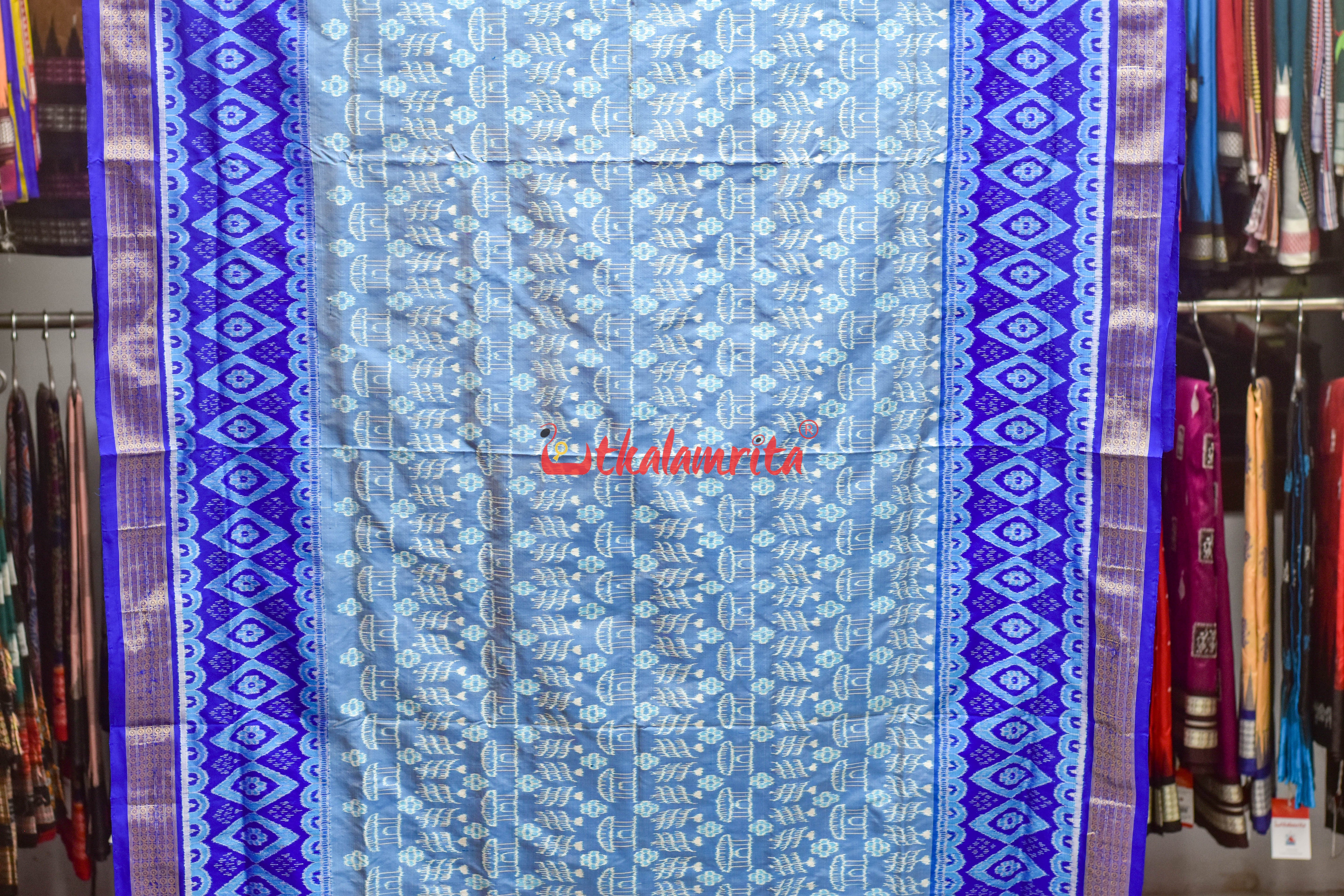 Sky Blue Deep Blue Half Tissue Sambalpuri Silk Saree