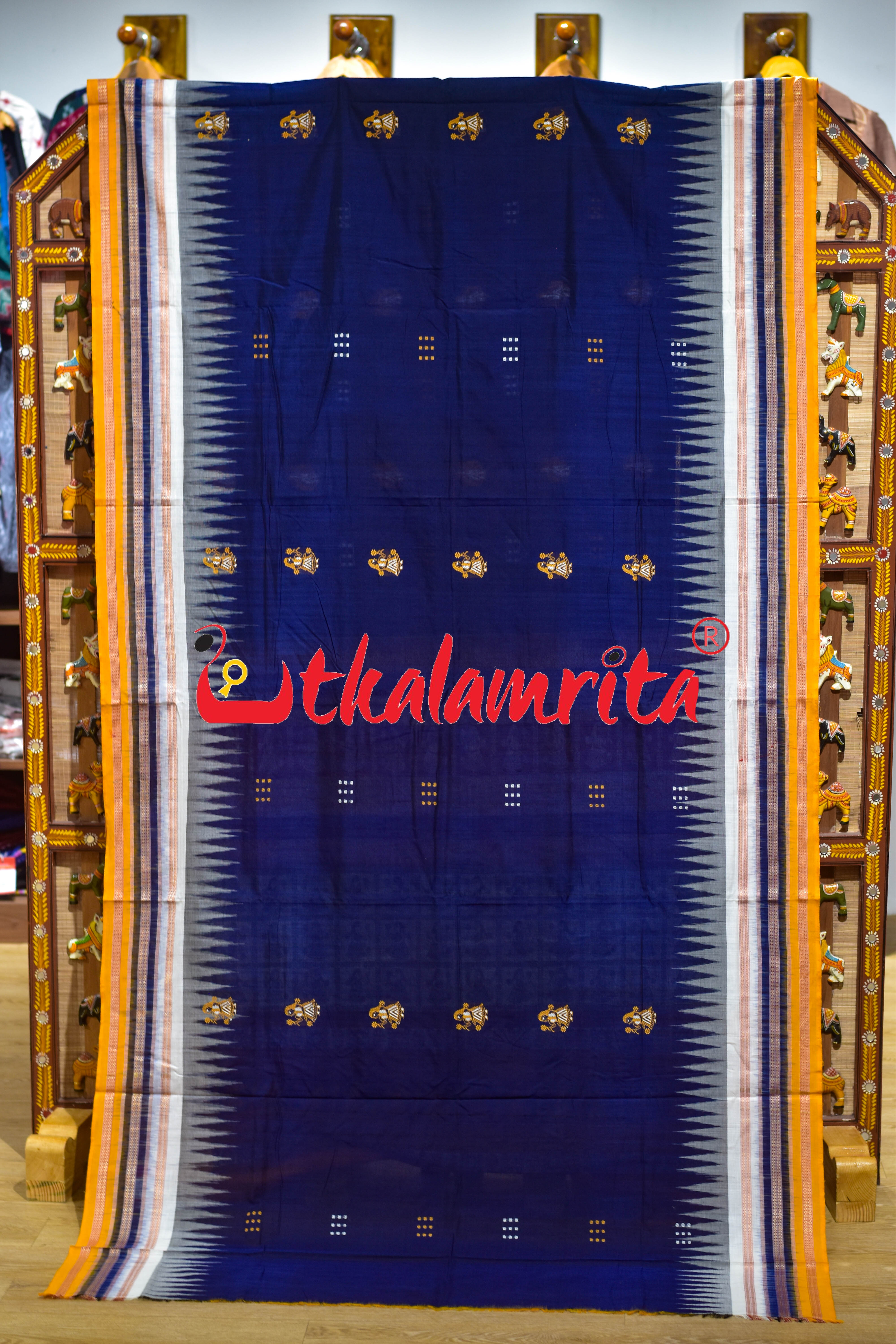Navy Blue Yellow 3 Dhadi Doll Bomkai Cotton Saree