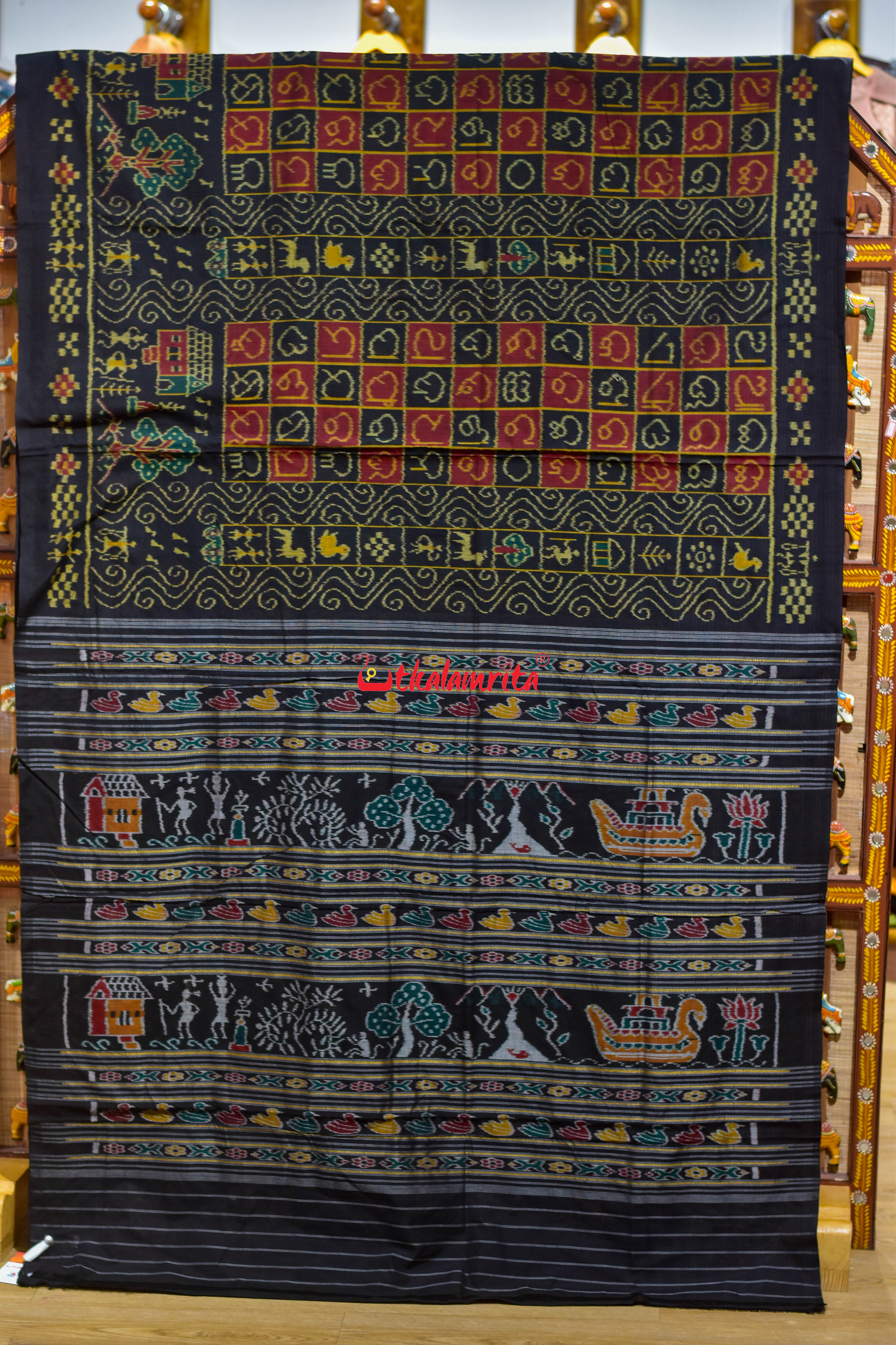Black Half Half Odia Letters Sambalpuri Cotton Saree