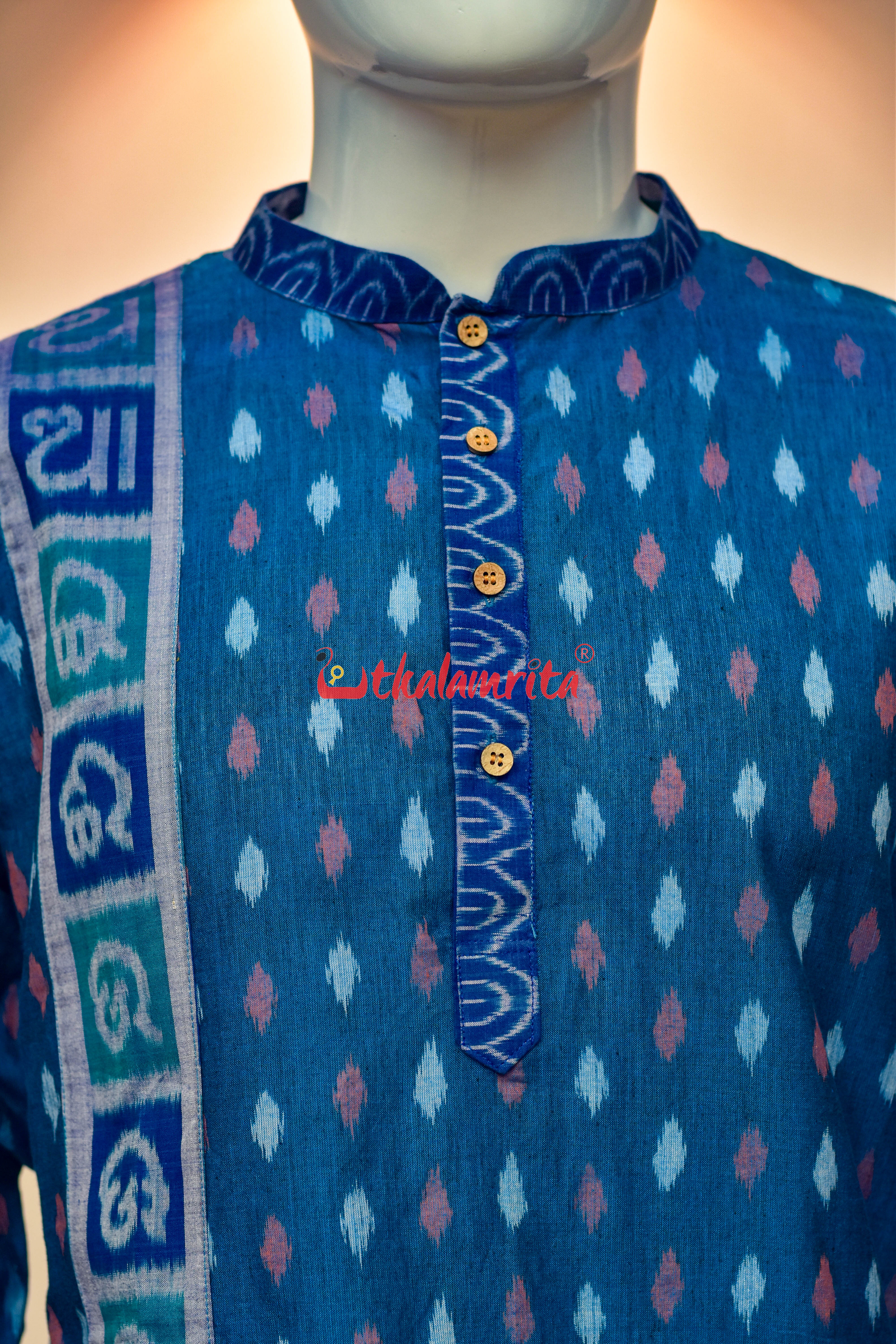 Teal Blue Dots with Odia Alphabets (Men's Short Kurta)