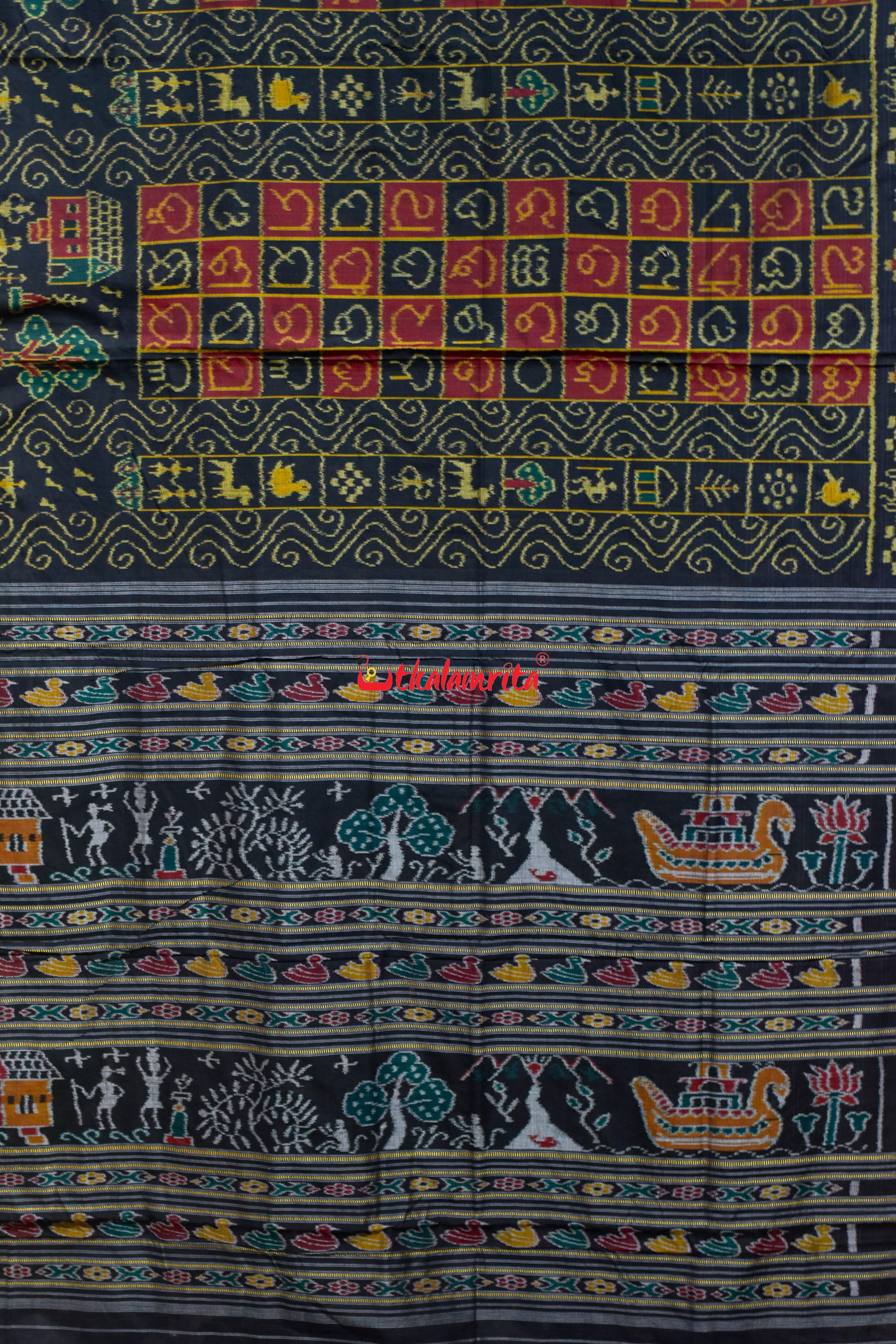 Black Half Half Odia Letters Sambalpuri Cotton Saree