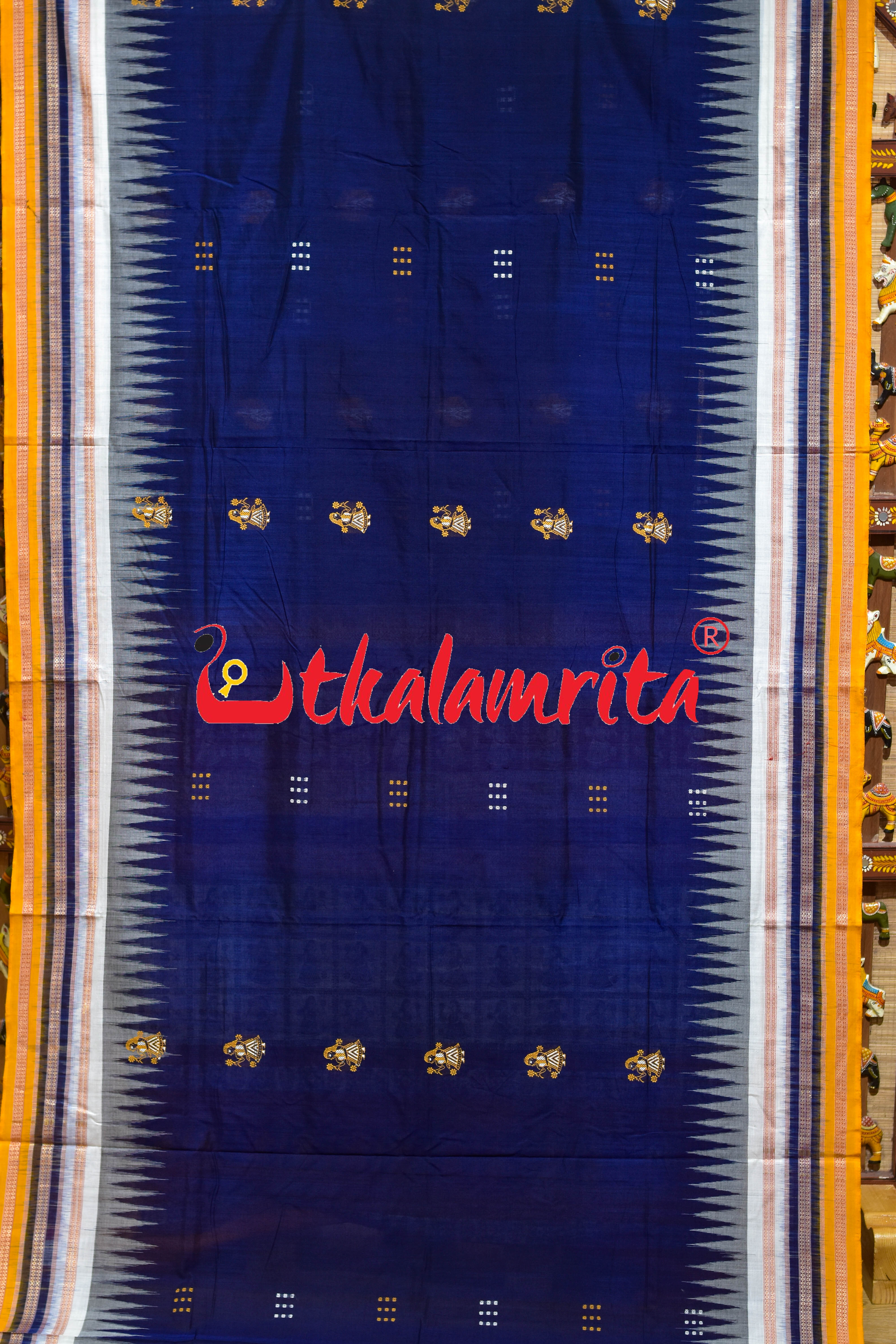 Navy Blue Yellow 3 Dhadi Doll Bomkai Cotton Saree