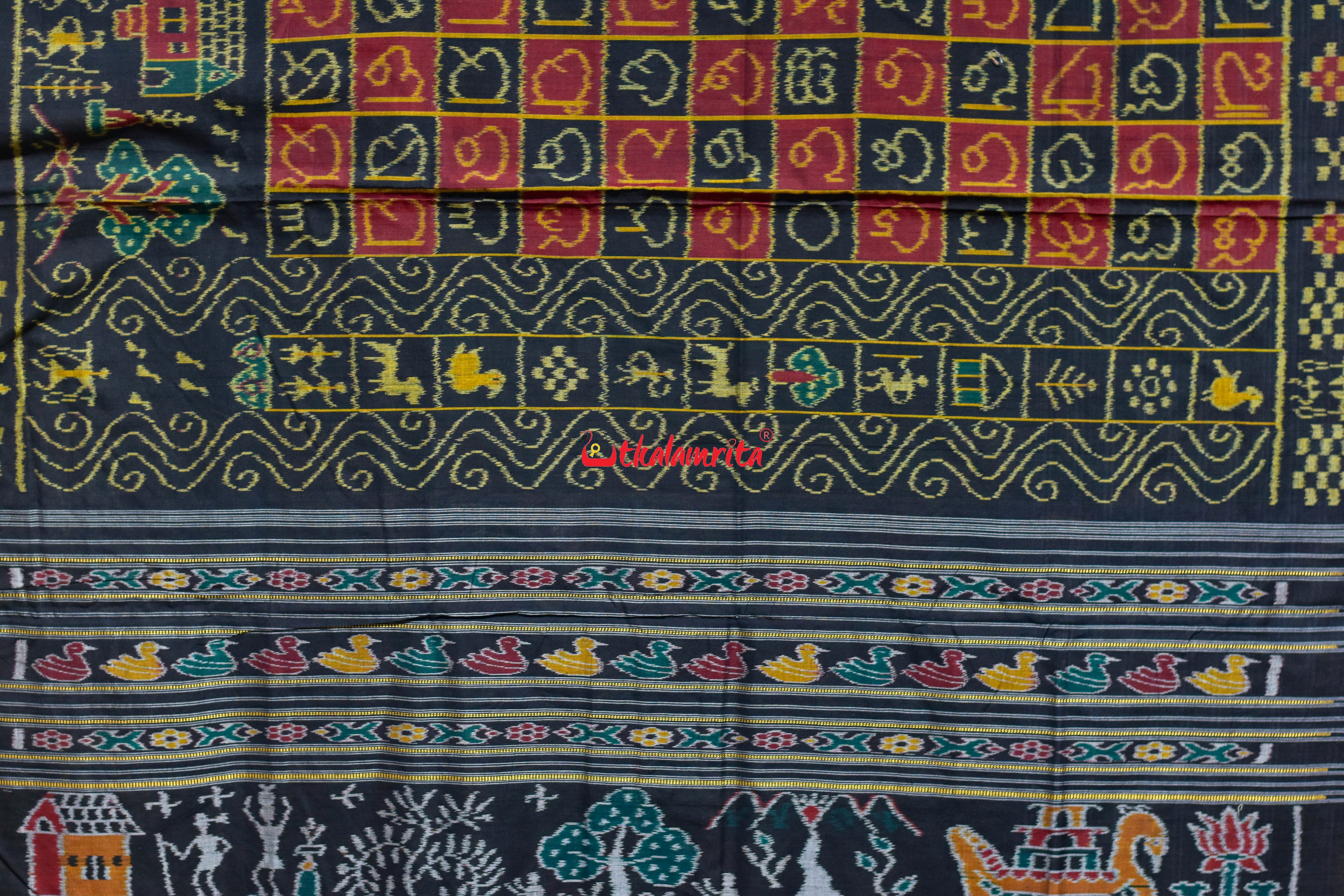 Black Half Half Odia Letters Sambalpuri Cotton Saree