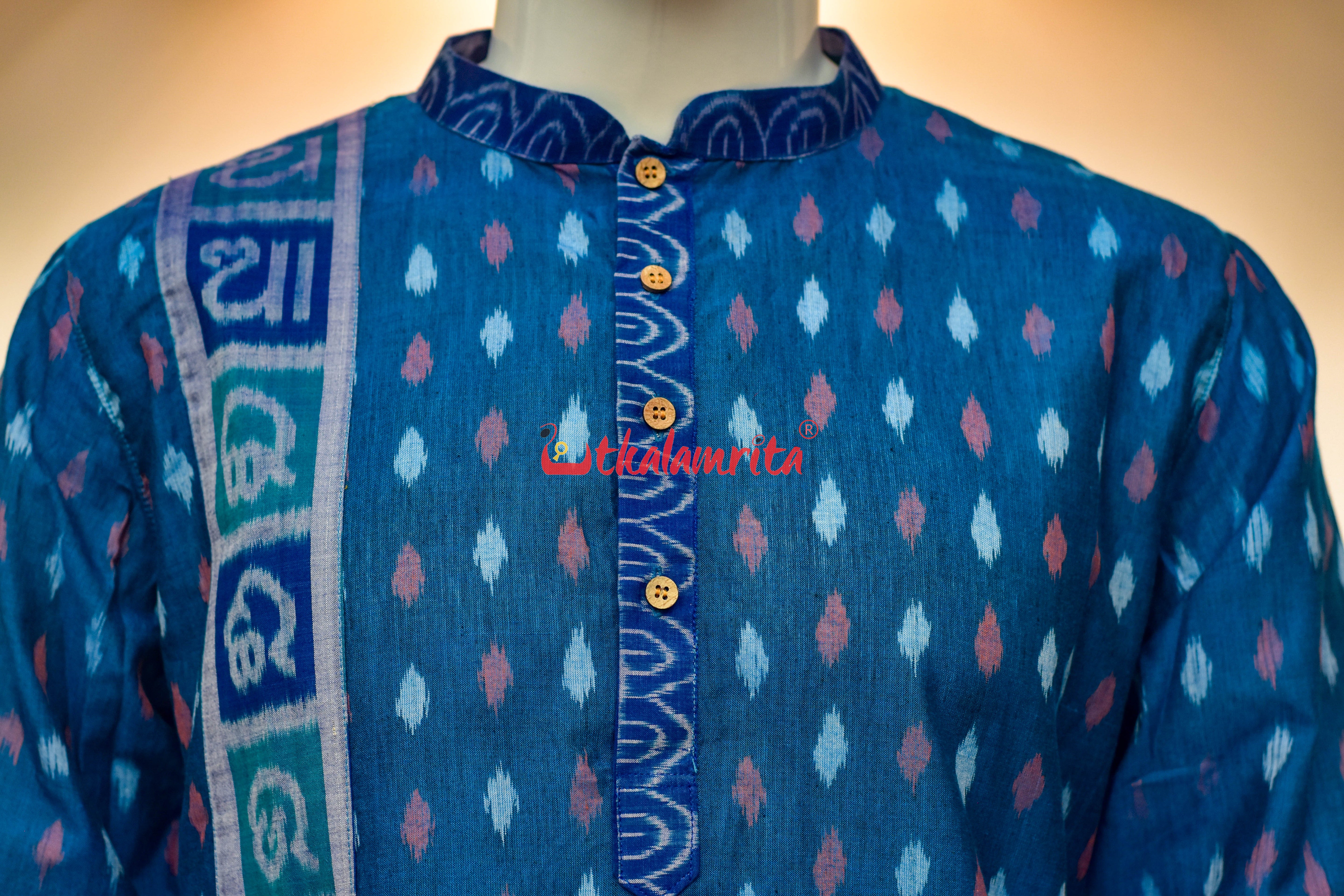Teal Blue Dots with Odia Alphabets (Men's Short Kurta)