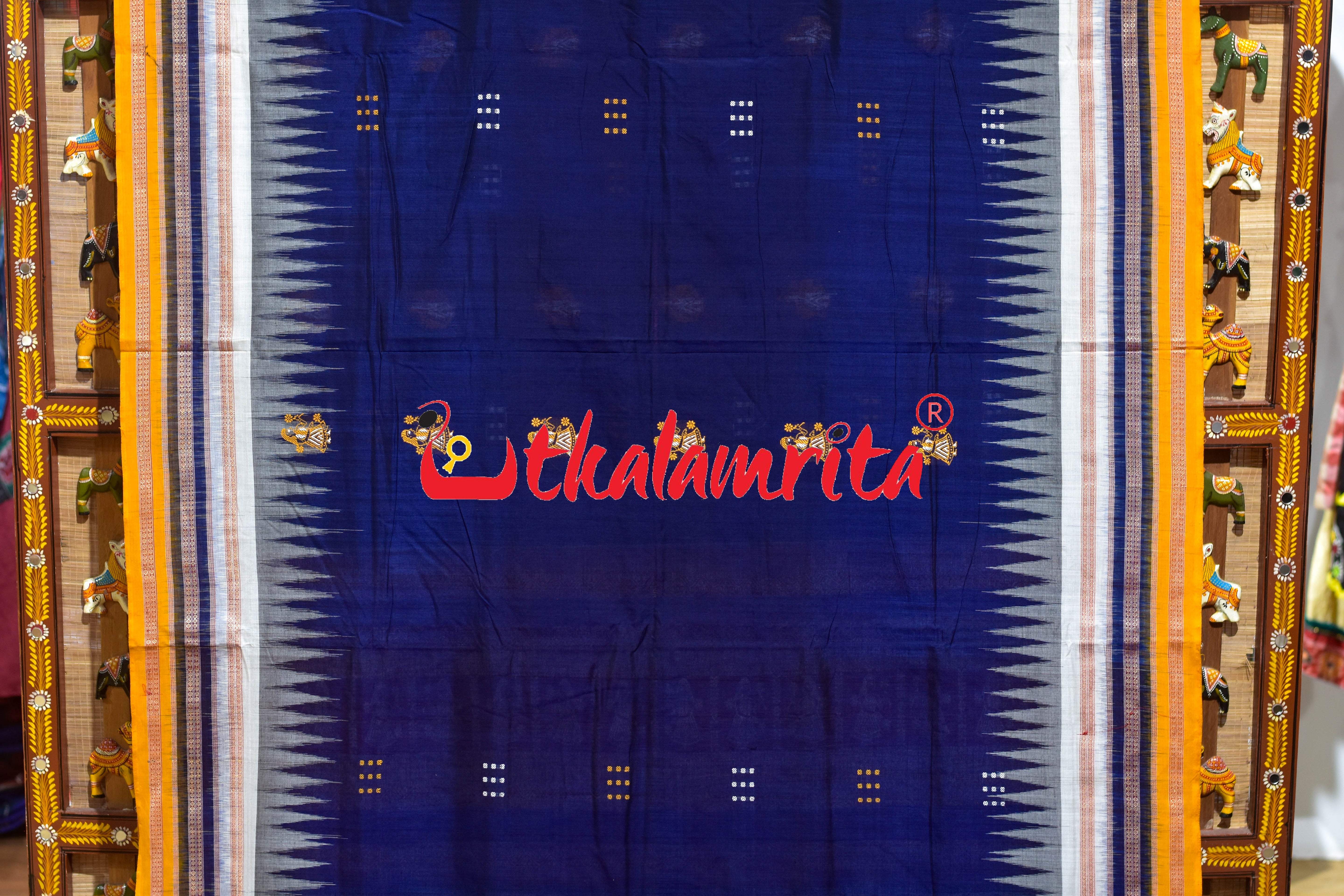 Navy Blue Yellow 3 Dhadi Doll Bomkai Cotton Saree