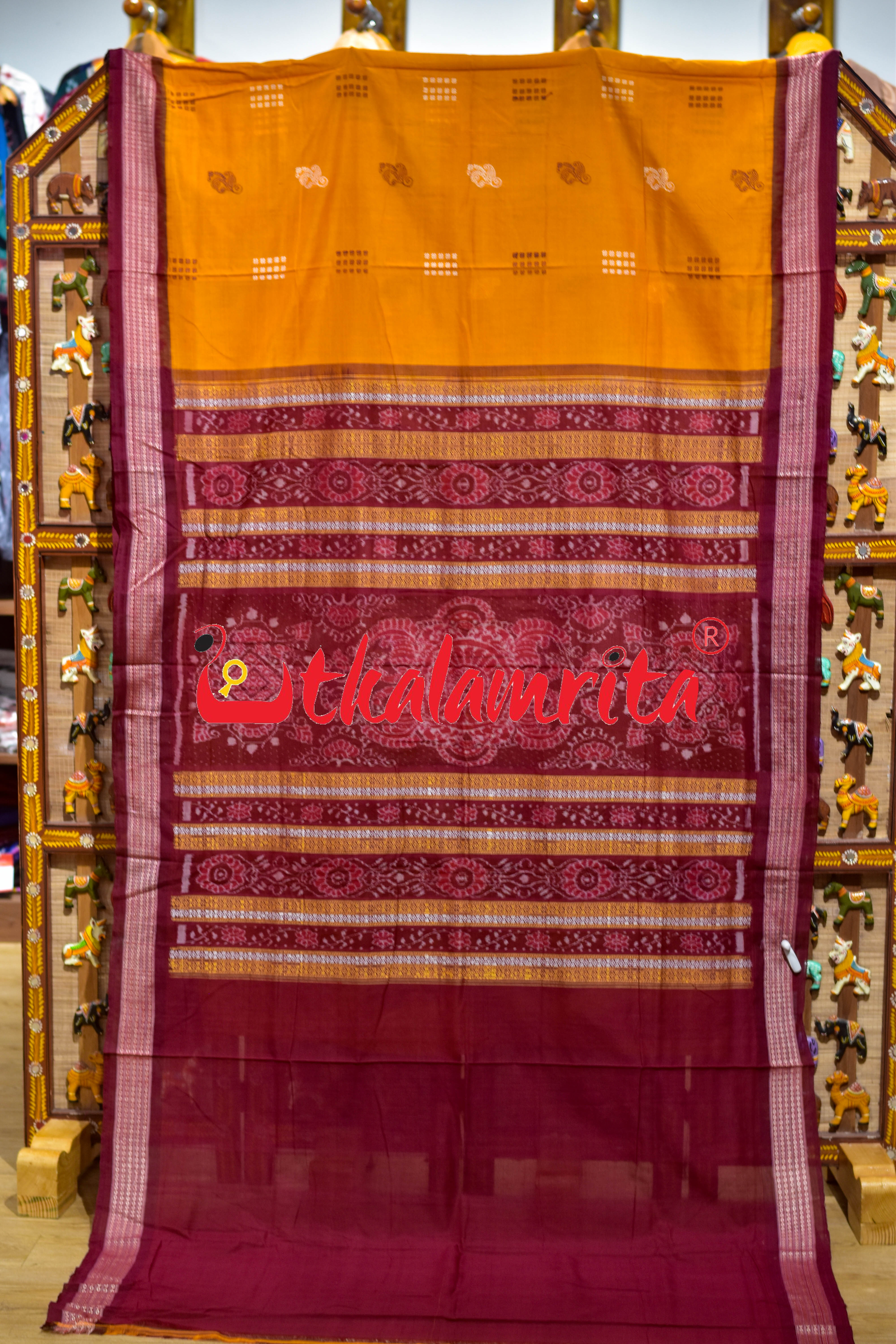 Mustard Maroon Phula Bomkai Cotton Saree