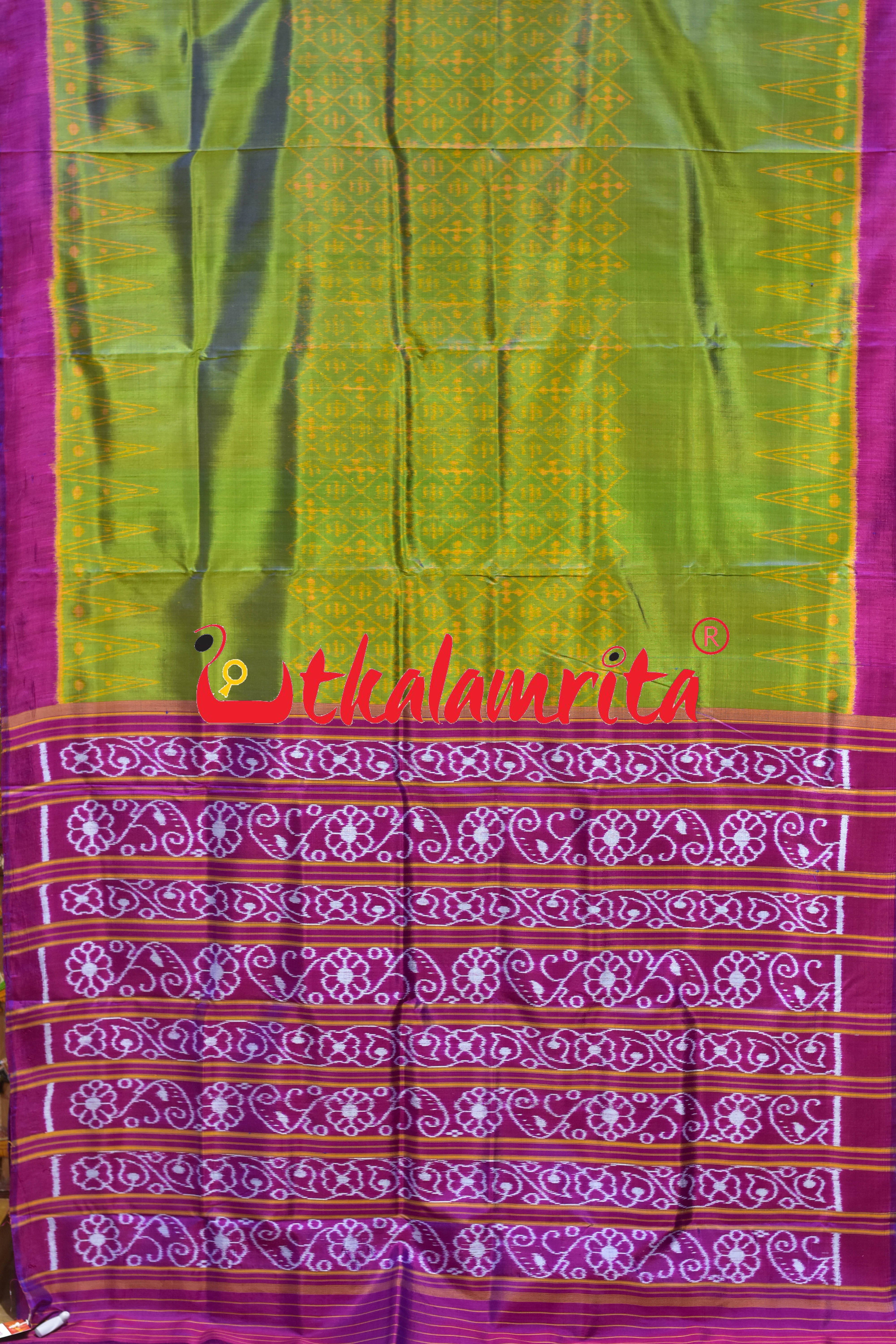 Lemon Green Magenta Khandua Silk Saree