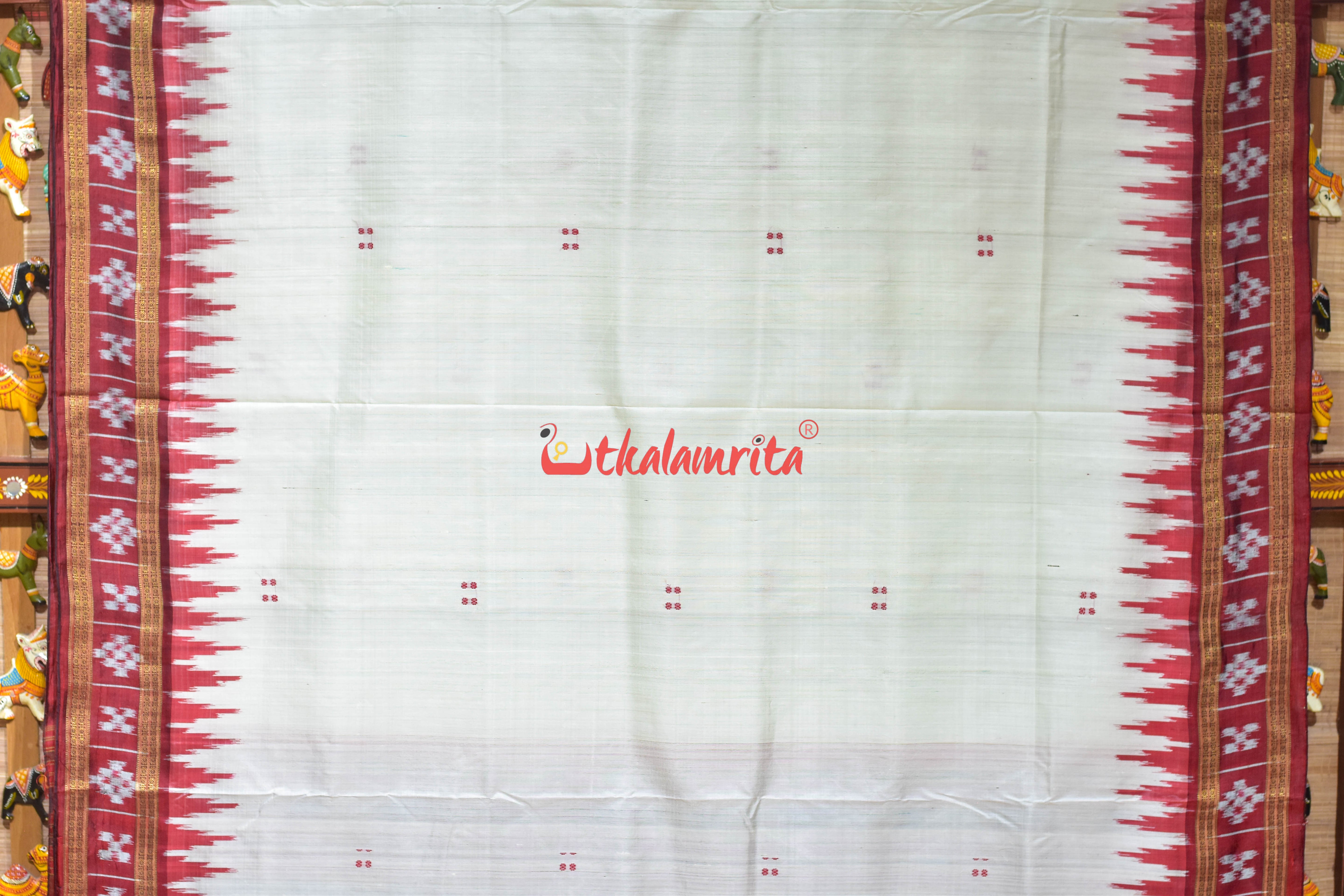 White Maroon Border Pasapali Lines Khandua Silk Saree