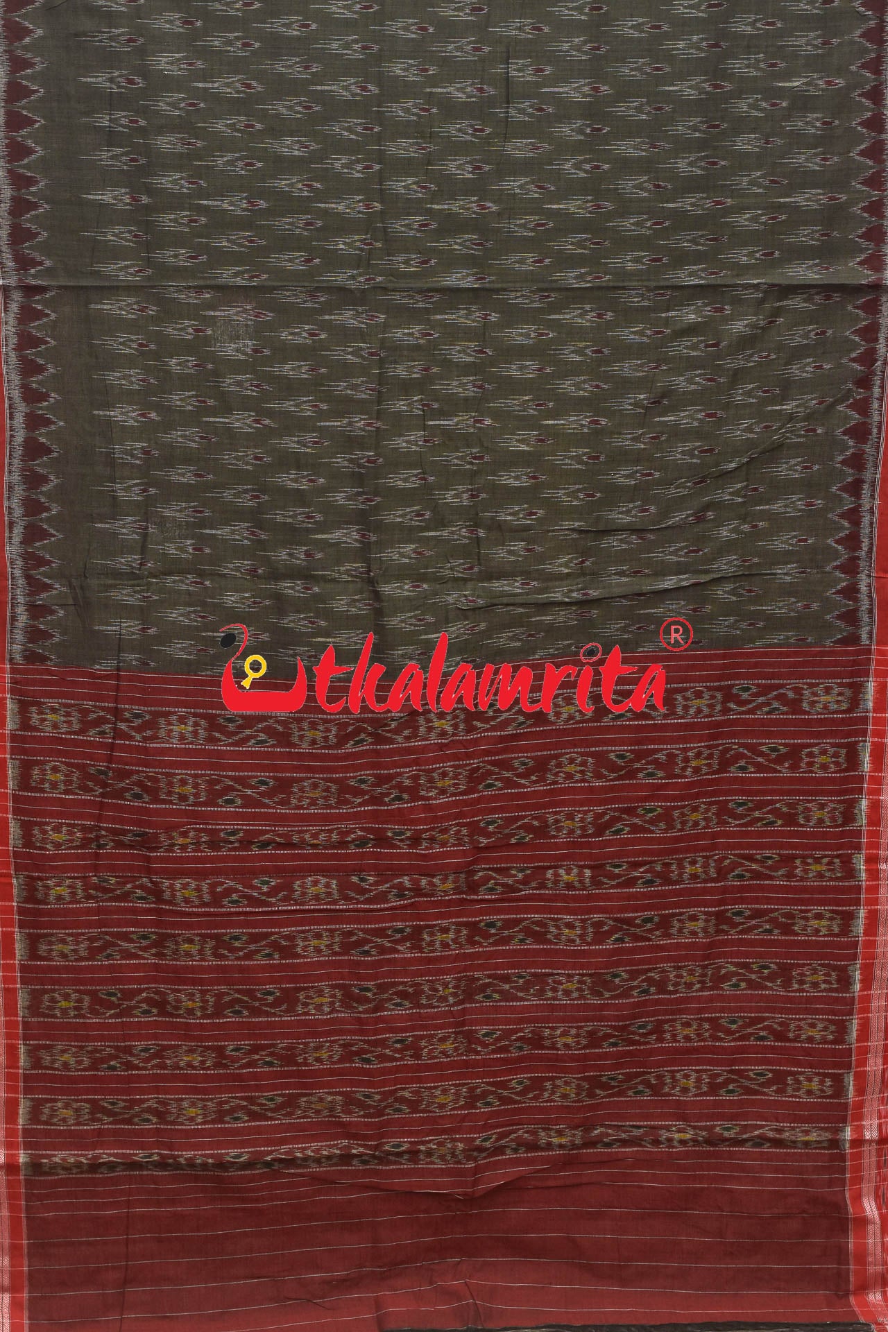 Olive with Maroon Kadha Khandua Cotton Saree