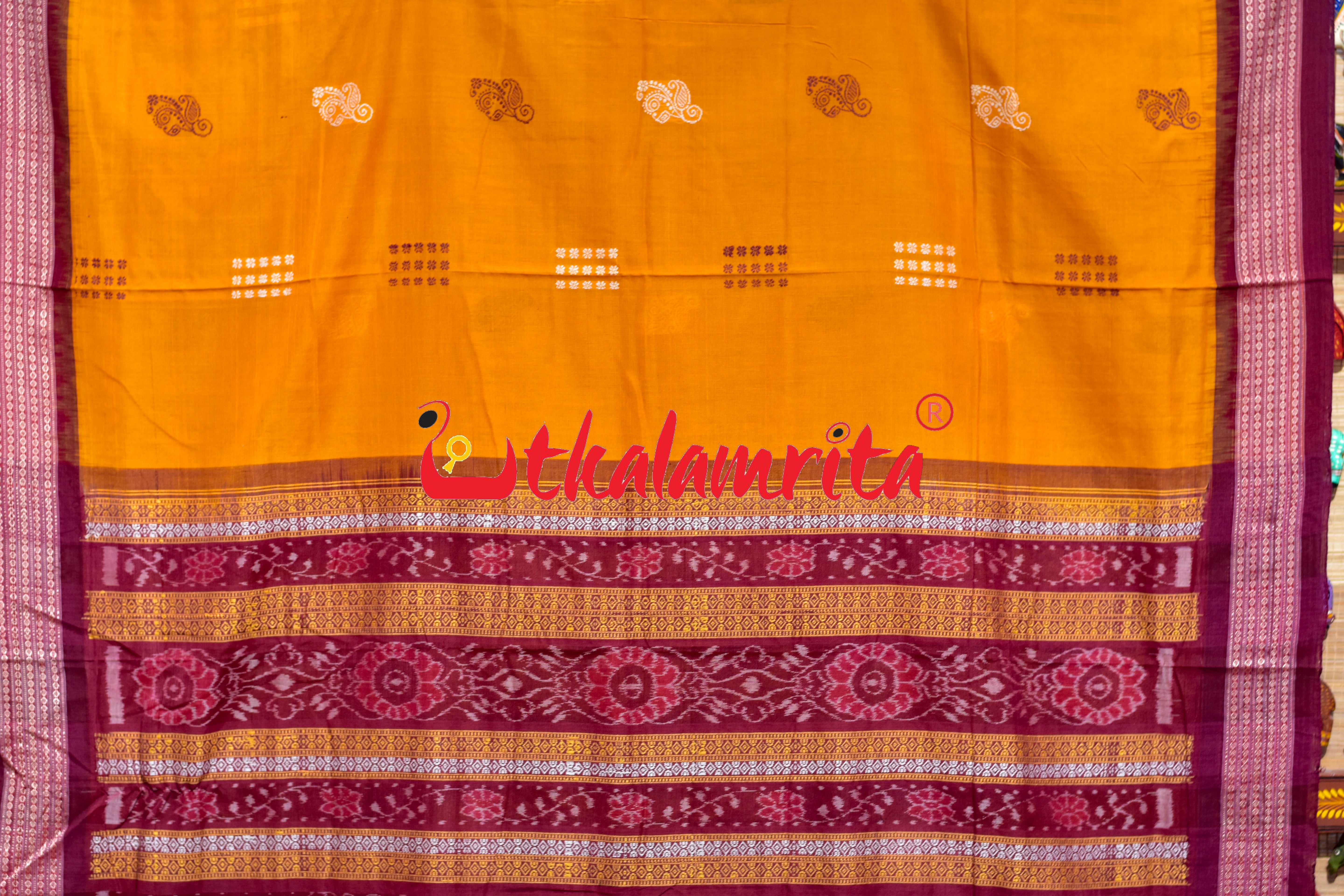 Mustard Maroon Phula Bomkai Cotton Saree