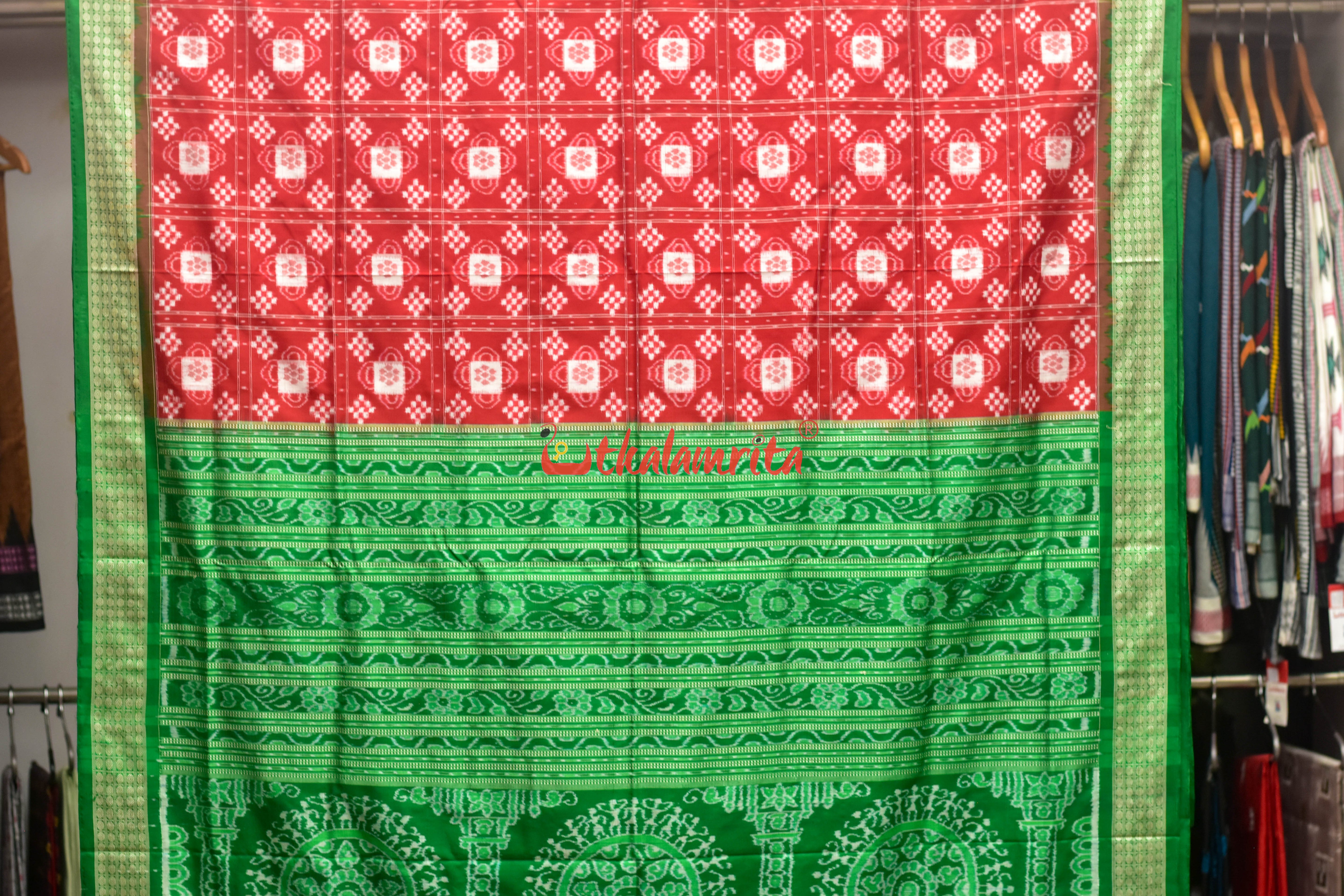 Red Green Pasapali Sambalpuri Silk Saree
