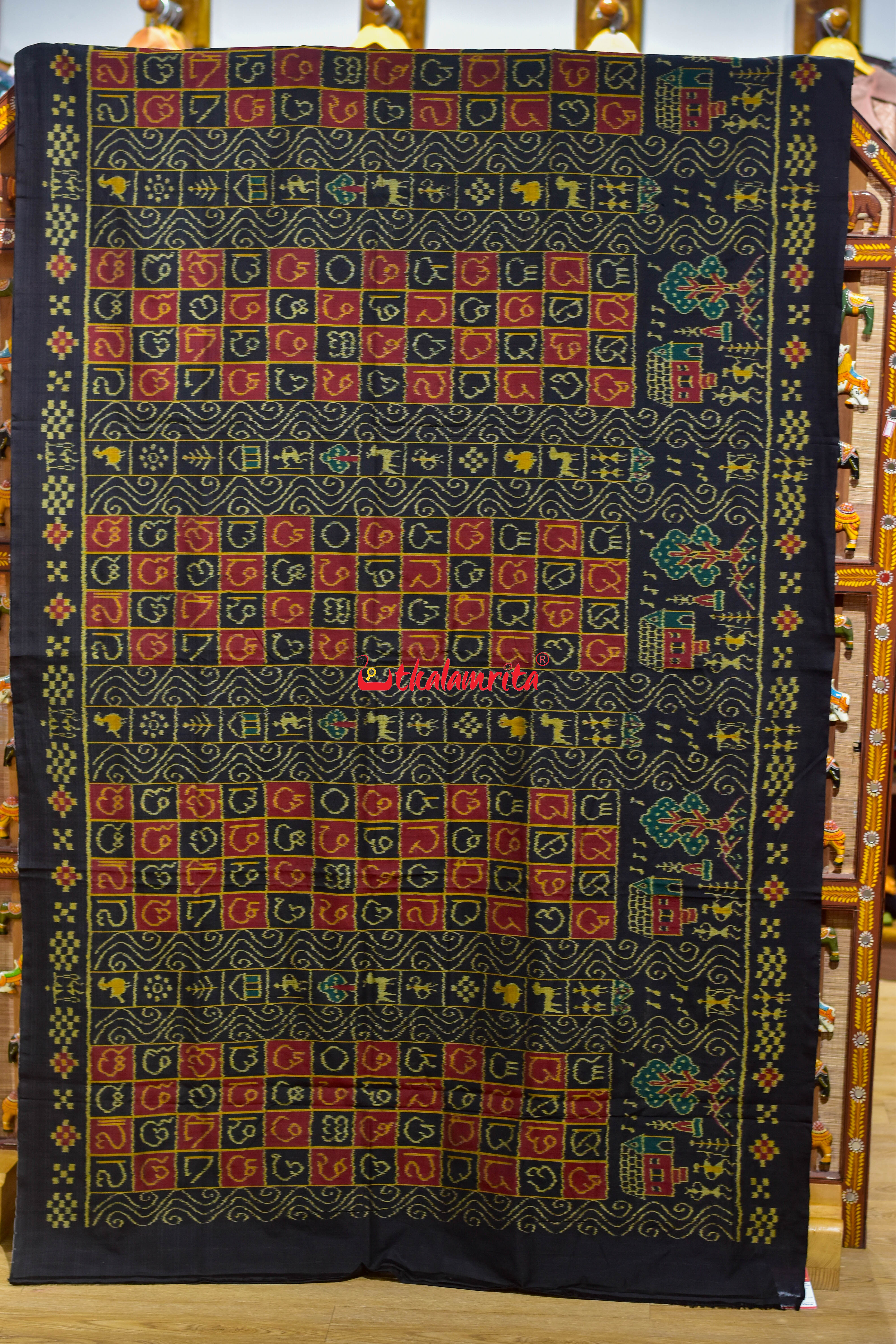 Black Half Half Odia Letters Sambalpuri Cotton Saree