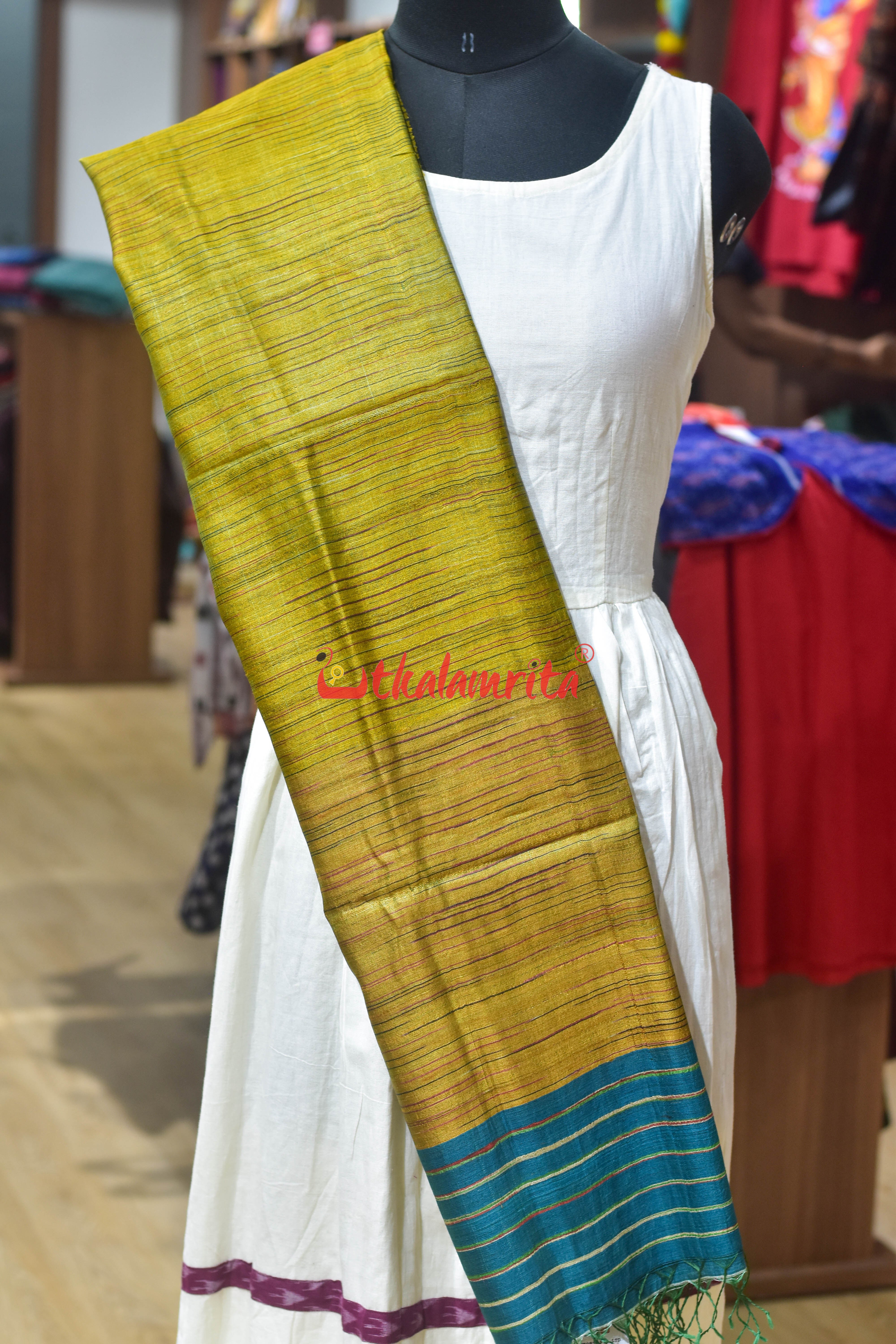 Golden Teal Border Fine Tussar Silk (Dupatta)