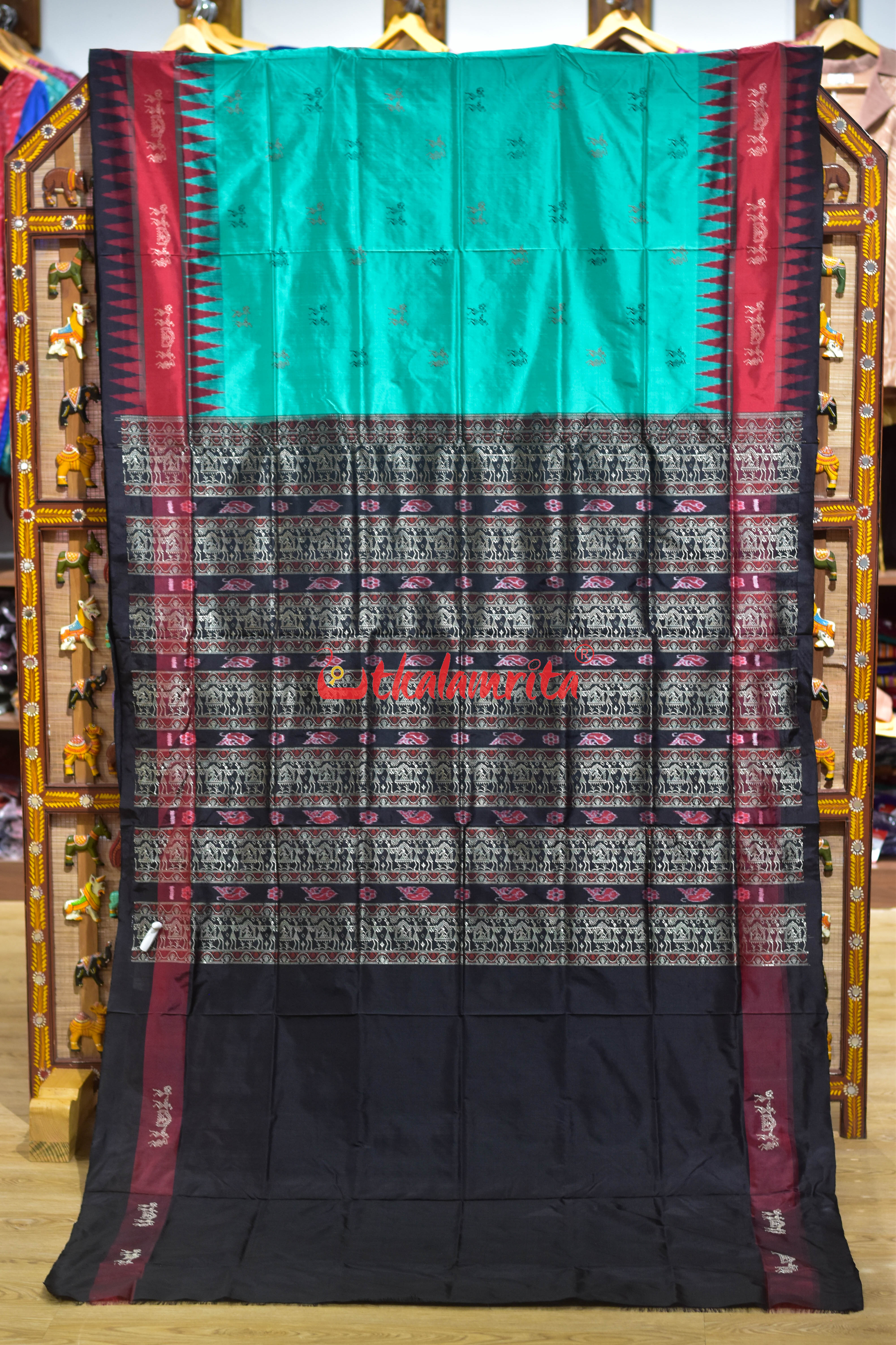 Sea Green Double Kumbha Sabari Bomkai Silk Saree