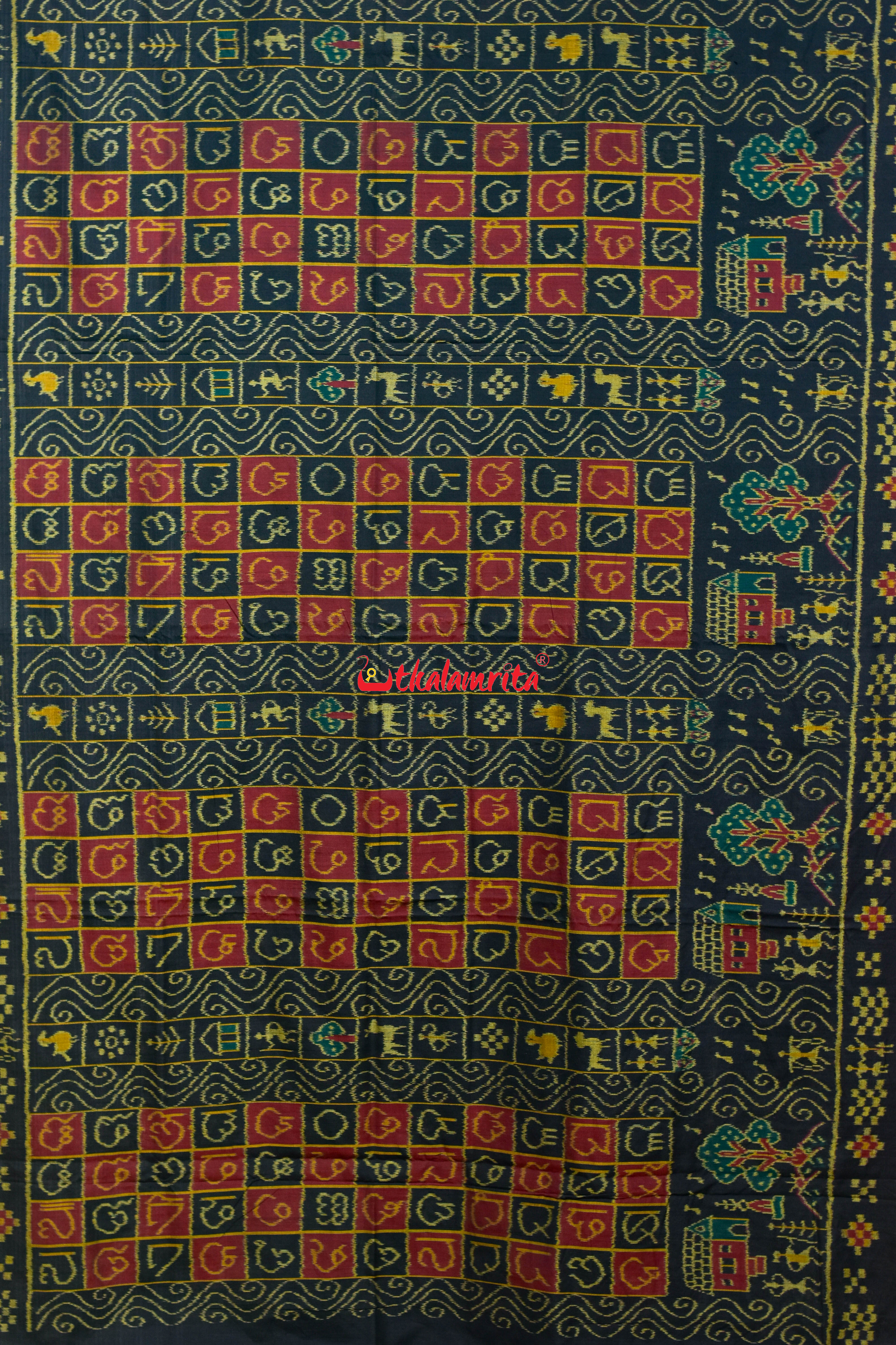 Black Half Half Odia Letters Sambalpuri Cotton Saree