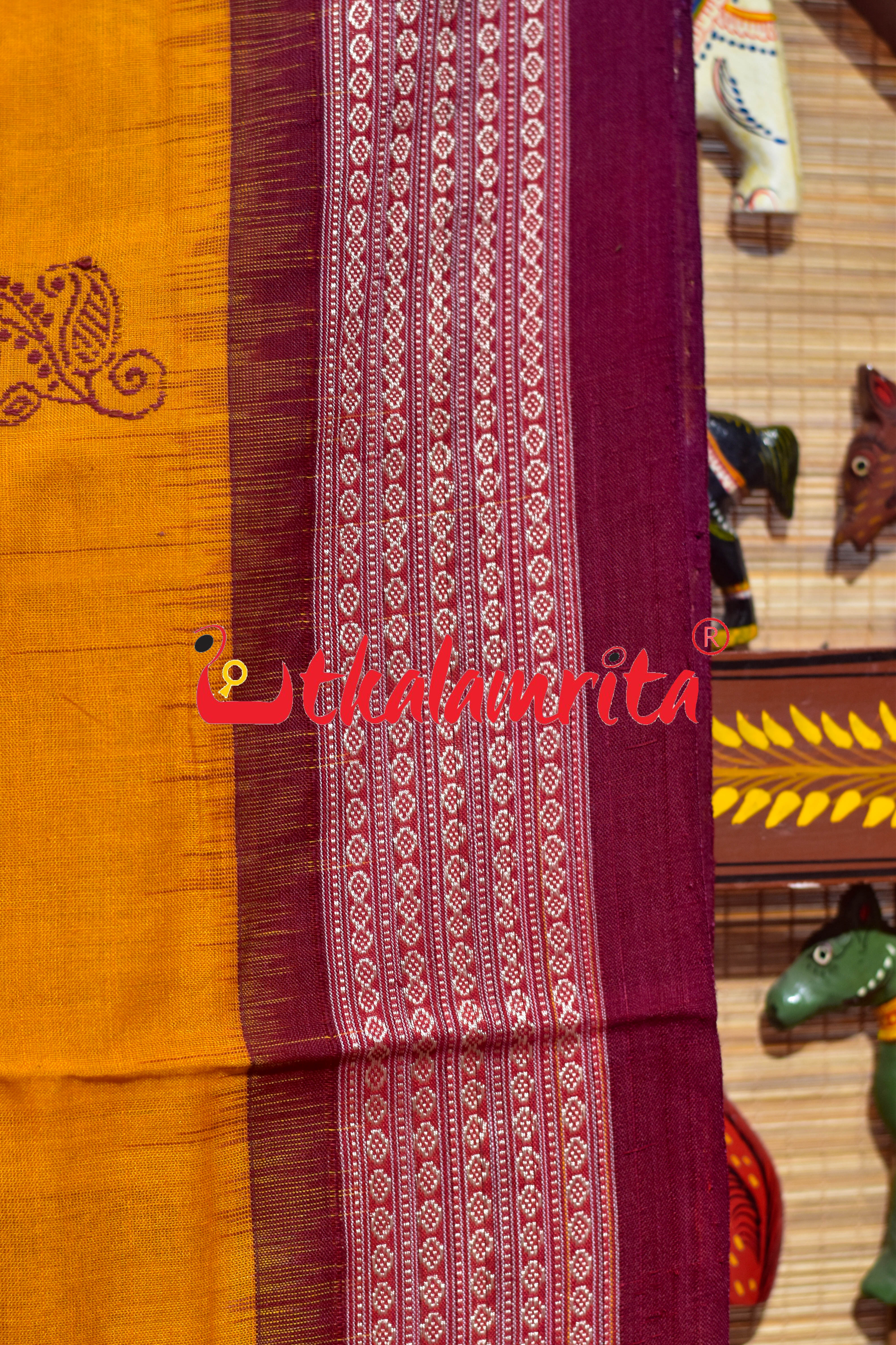 Mustard Maroon Phula Bomkai Cotton Saree