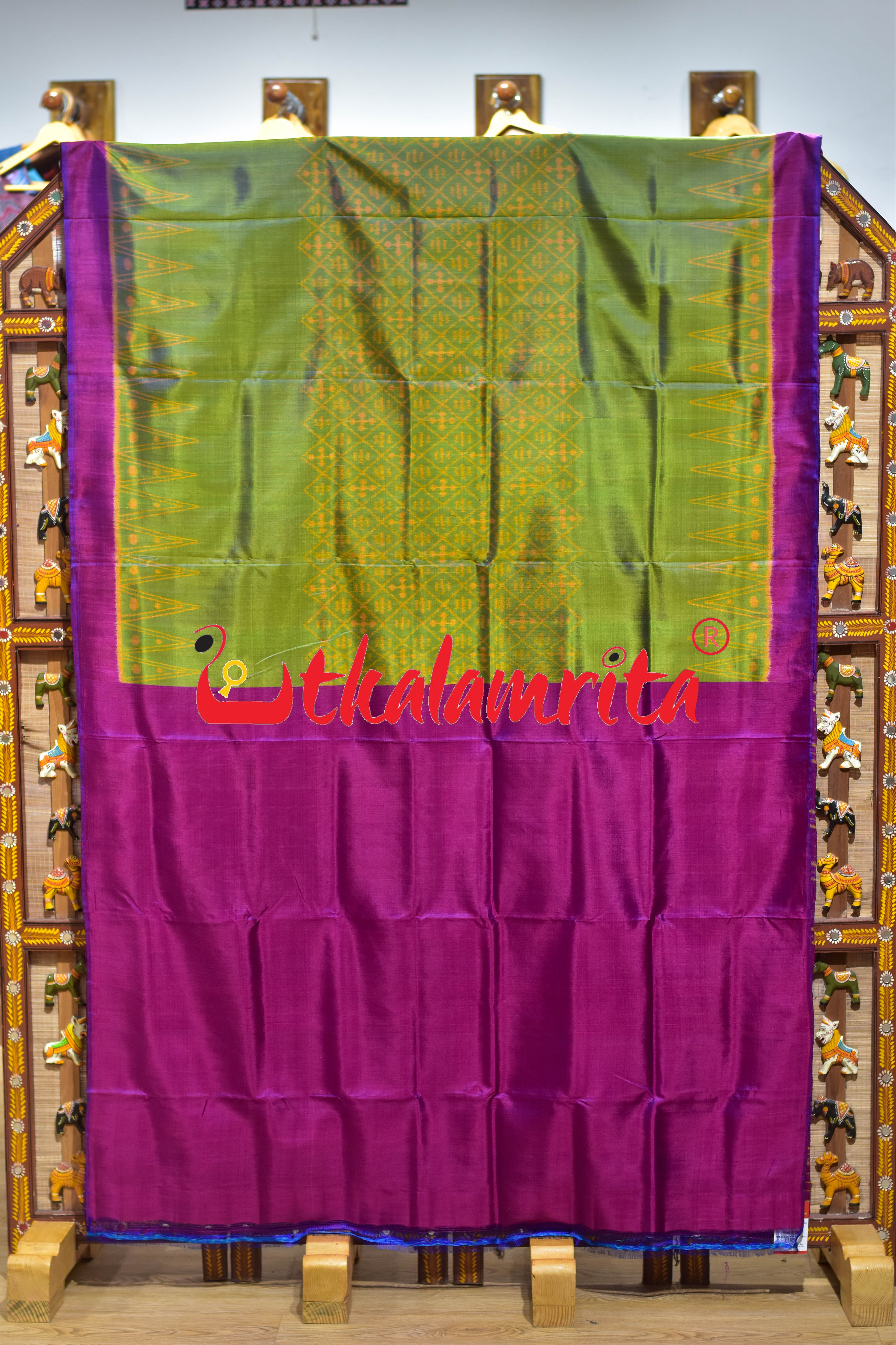 Lemon Green Magenta Khandua Silk Saree