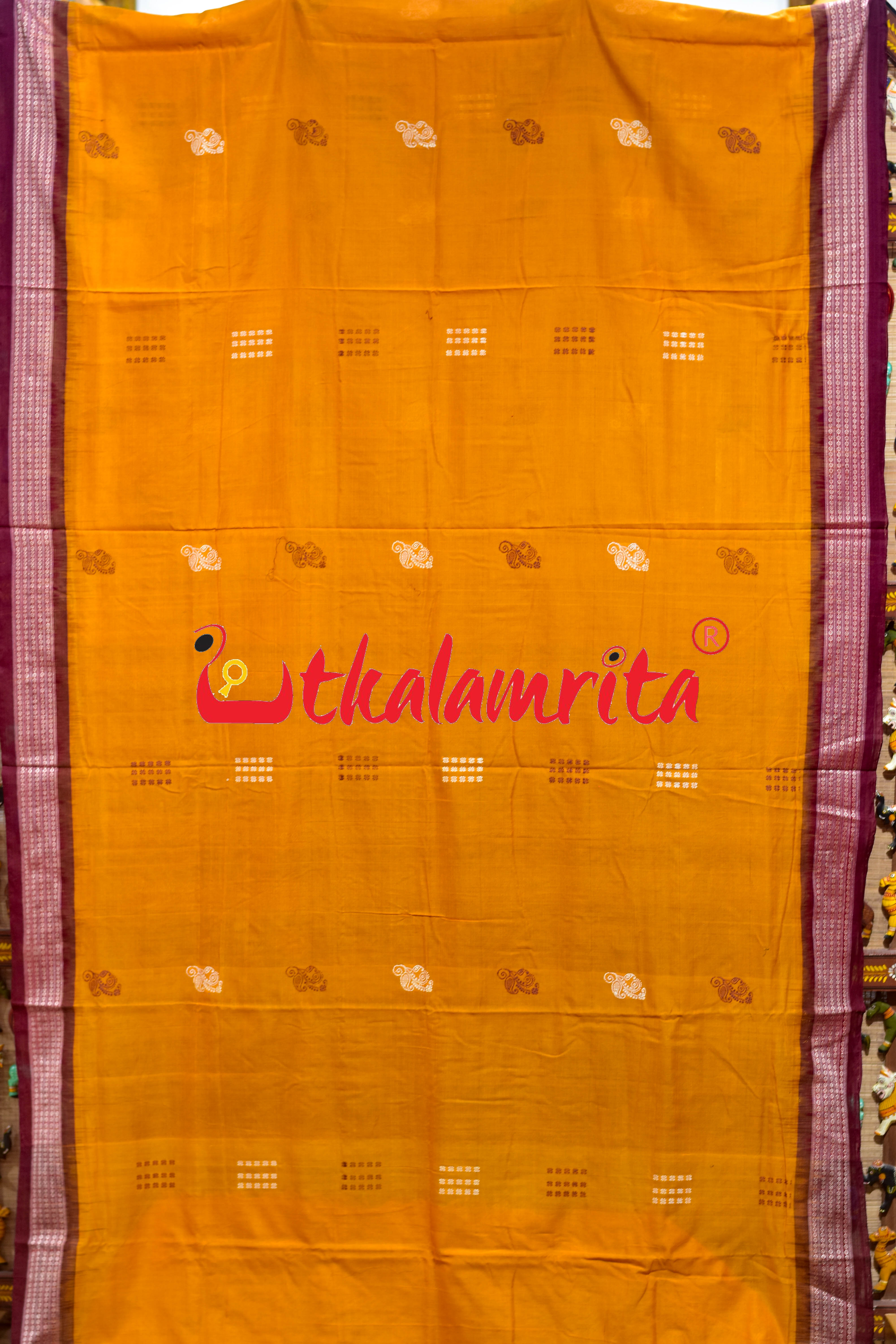 Mustard Maroon Phula Bomkai Cotton Saree