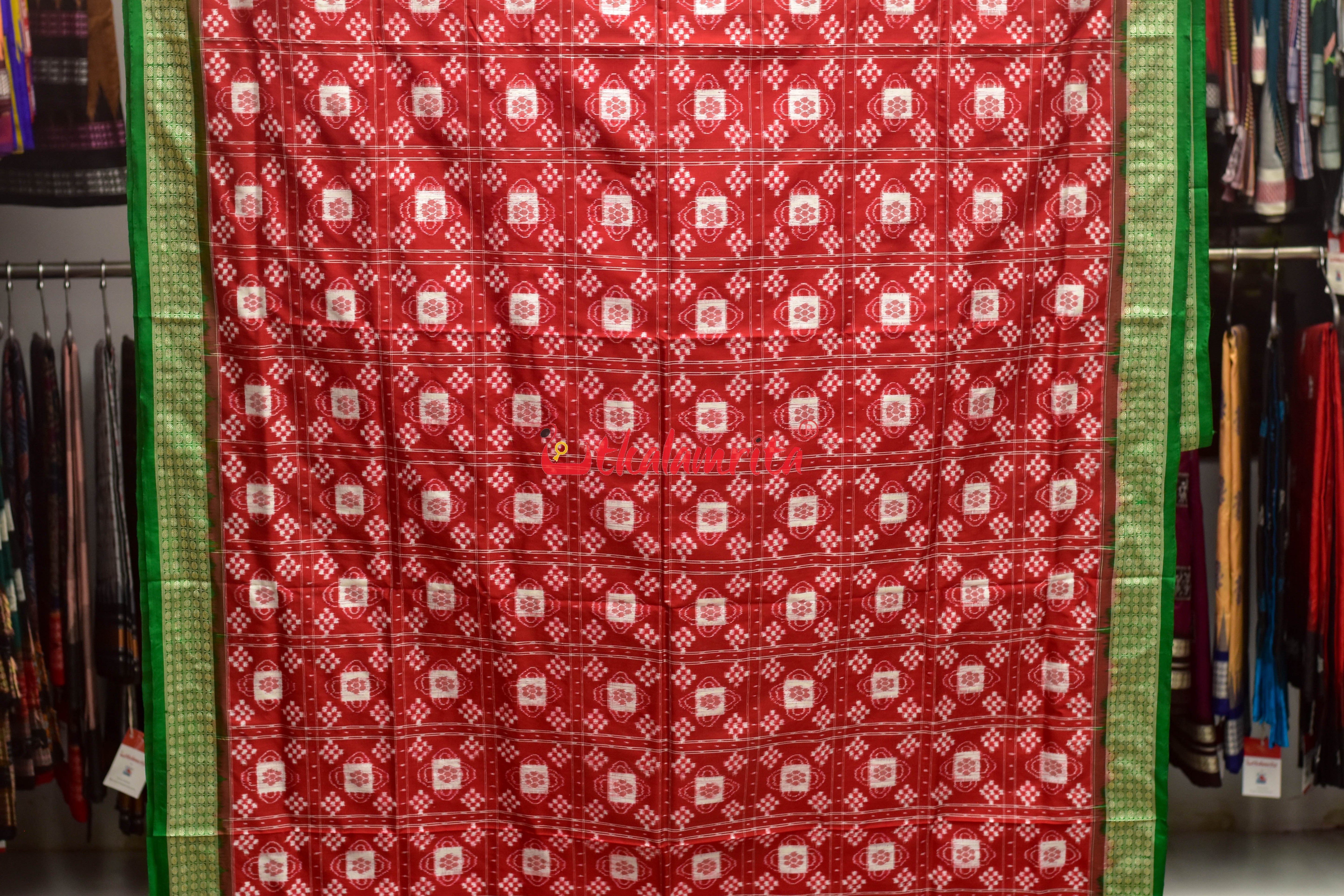 Red Green Pasapali Sambalpuri Silk Saree