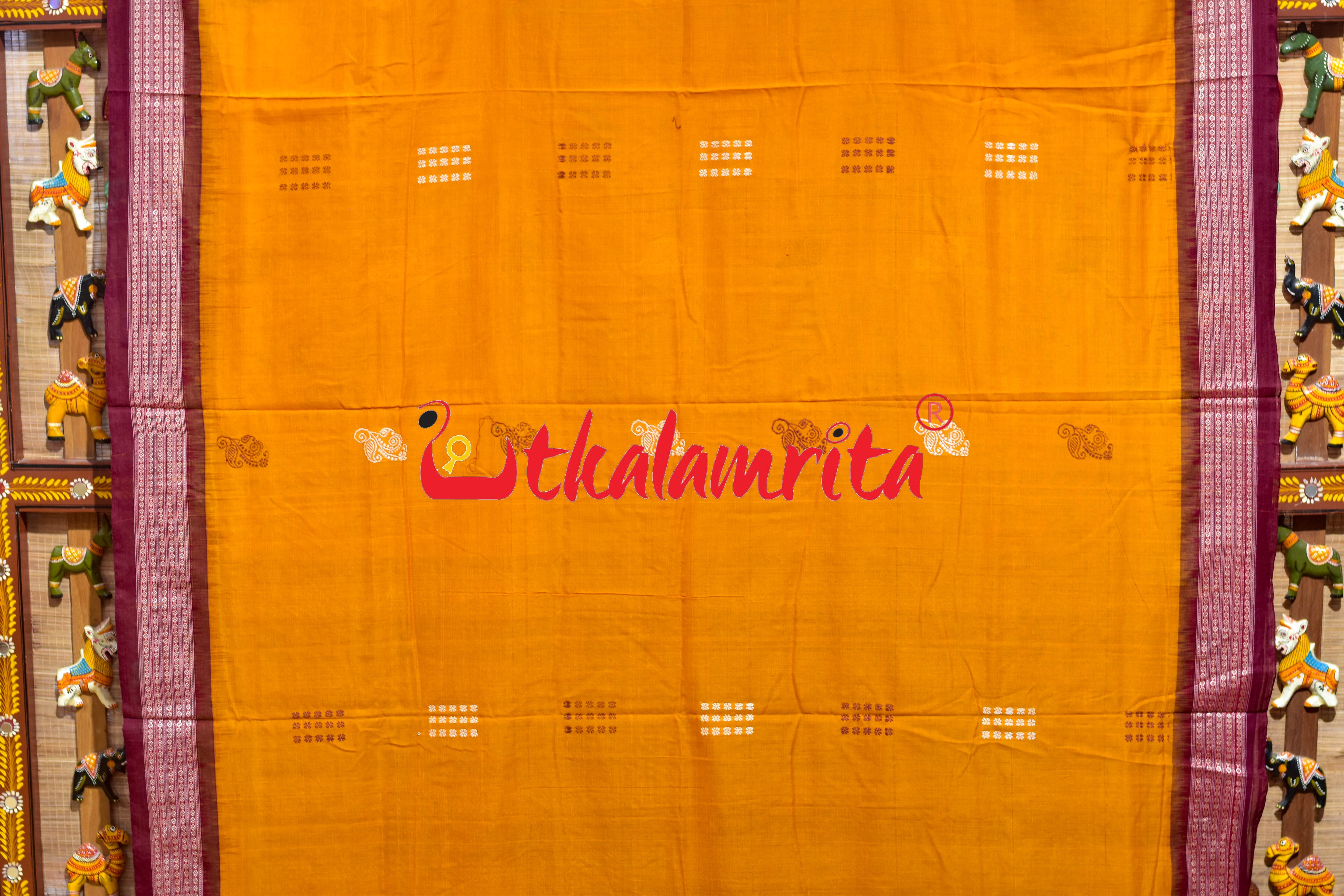 Mustard Maroon Phula Bomkai Cotton Saree