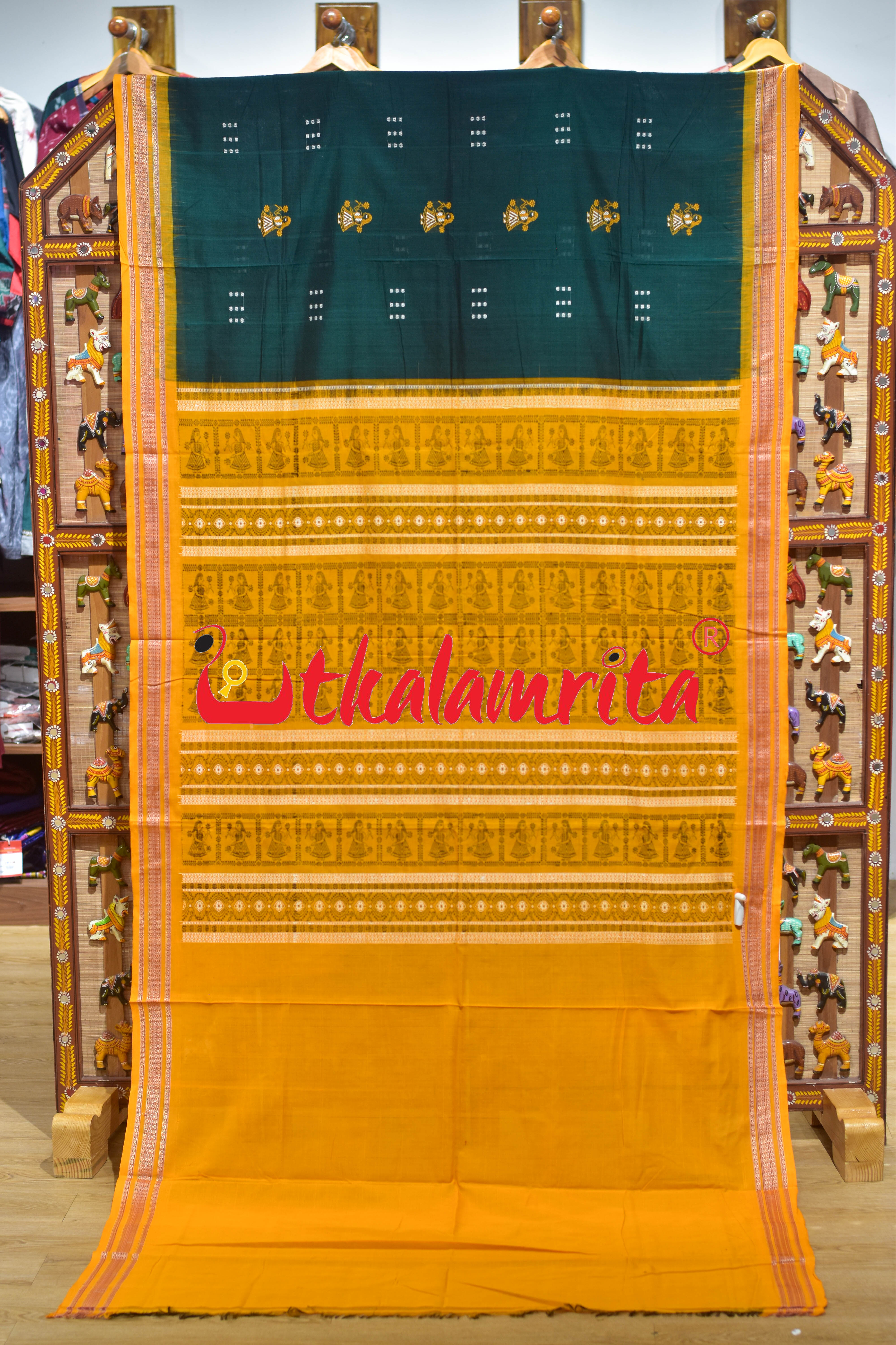 Green Yellow Double Chaal Doll Bomkai Cotton Saree