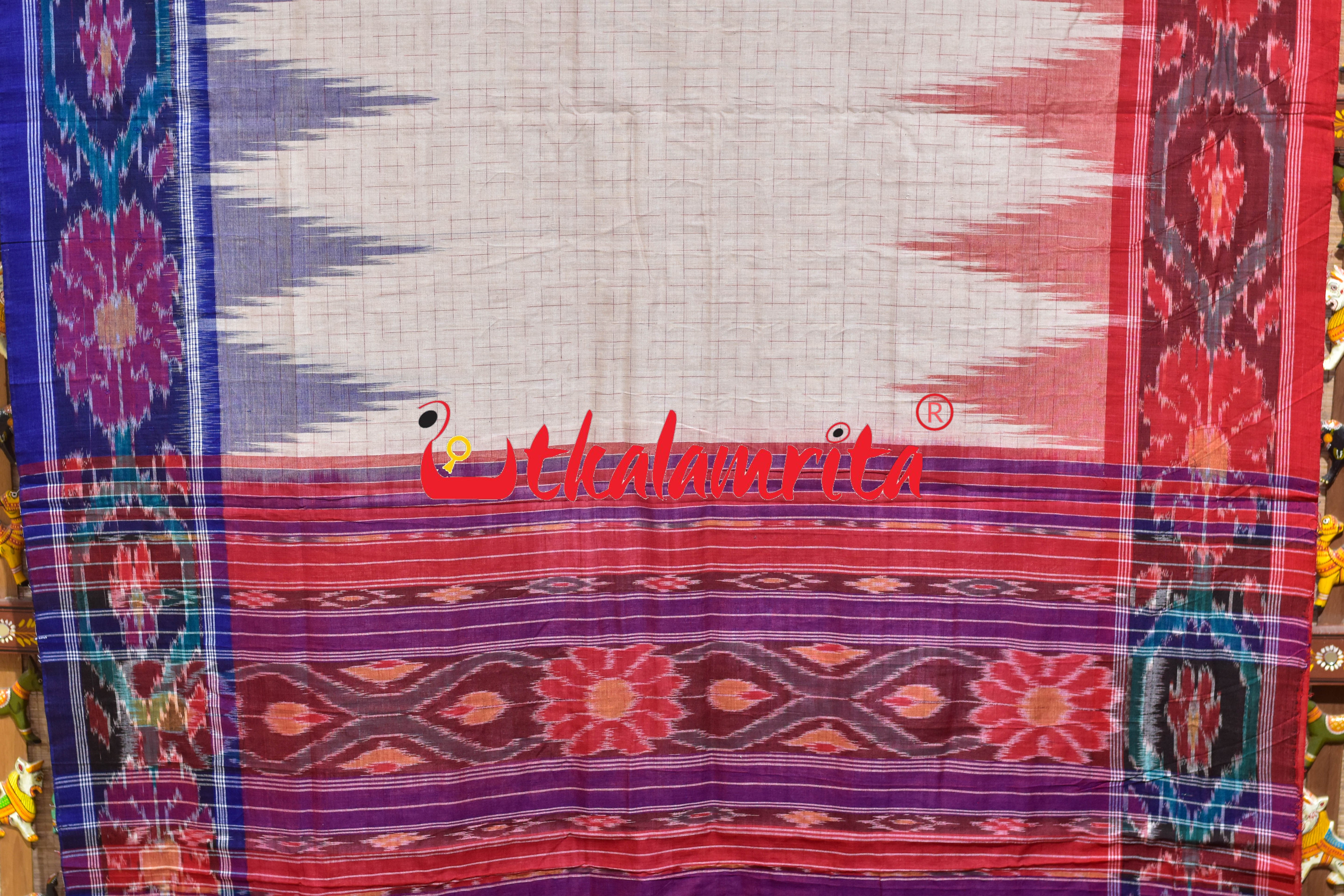 Off White Ganga Jamuna Temple Scot Khandua Cotton Saree