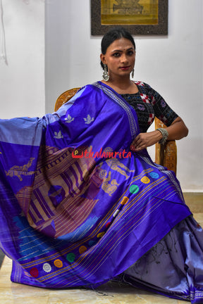 Sky Blue Konark Temple Tussar by Mulberry Silk Saree