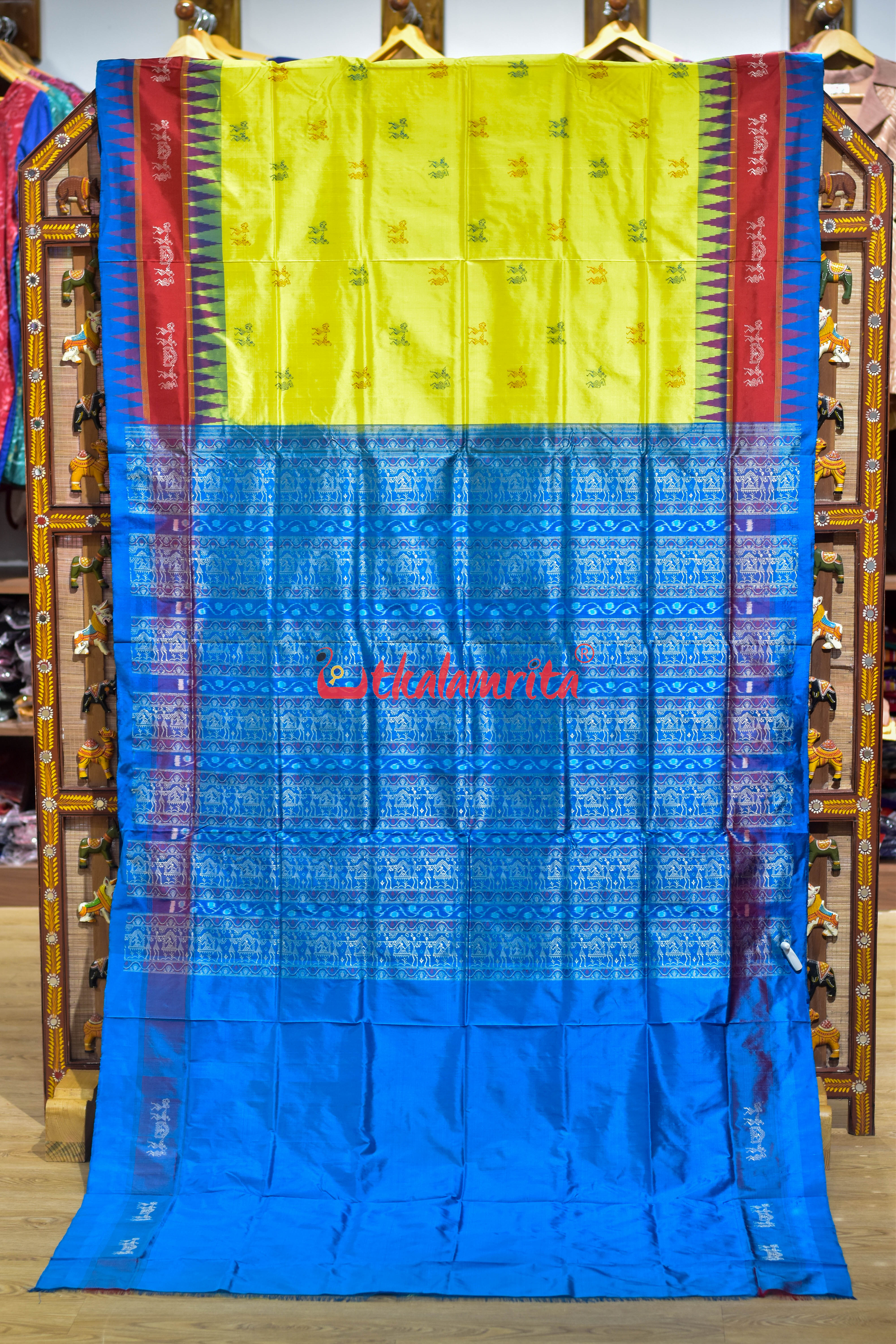 Yellow Double Kumbha Sabari Bomkai Silk Saree