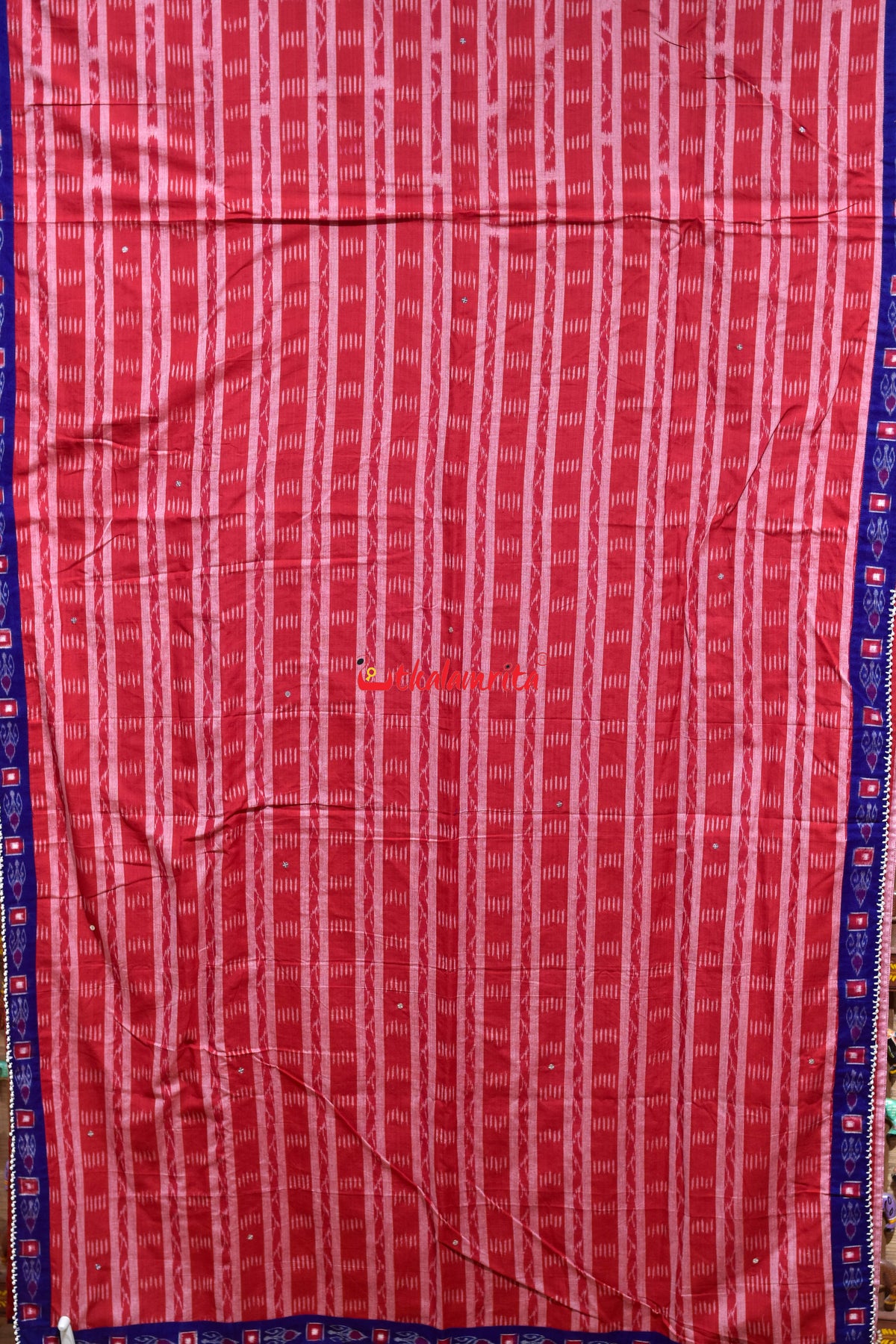 Red White Stripes Blue Single Kadha Pasapali Designer Cotton Saree