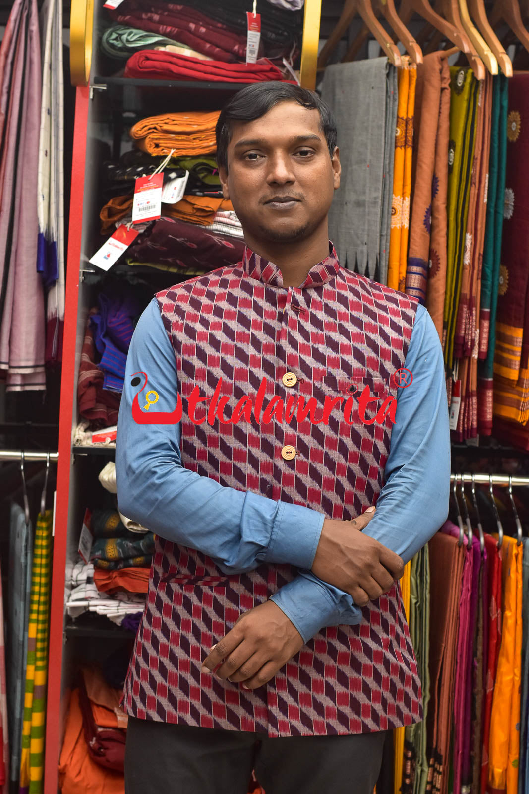 3D Coffee Maroon Sambalpuri Cotton (Modi Jacket)