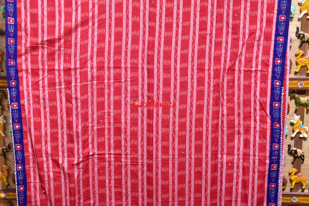 Red White Stripes Blue Single Kadha Pasapali Designer Cotton Saree