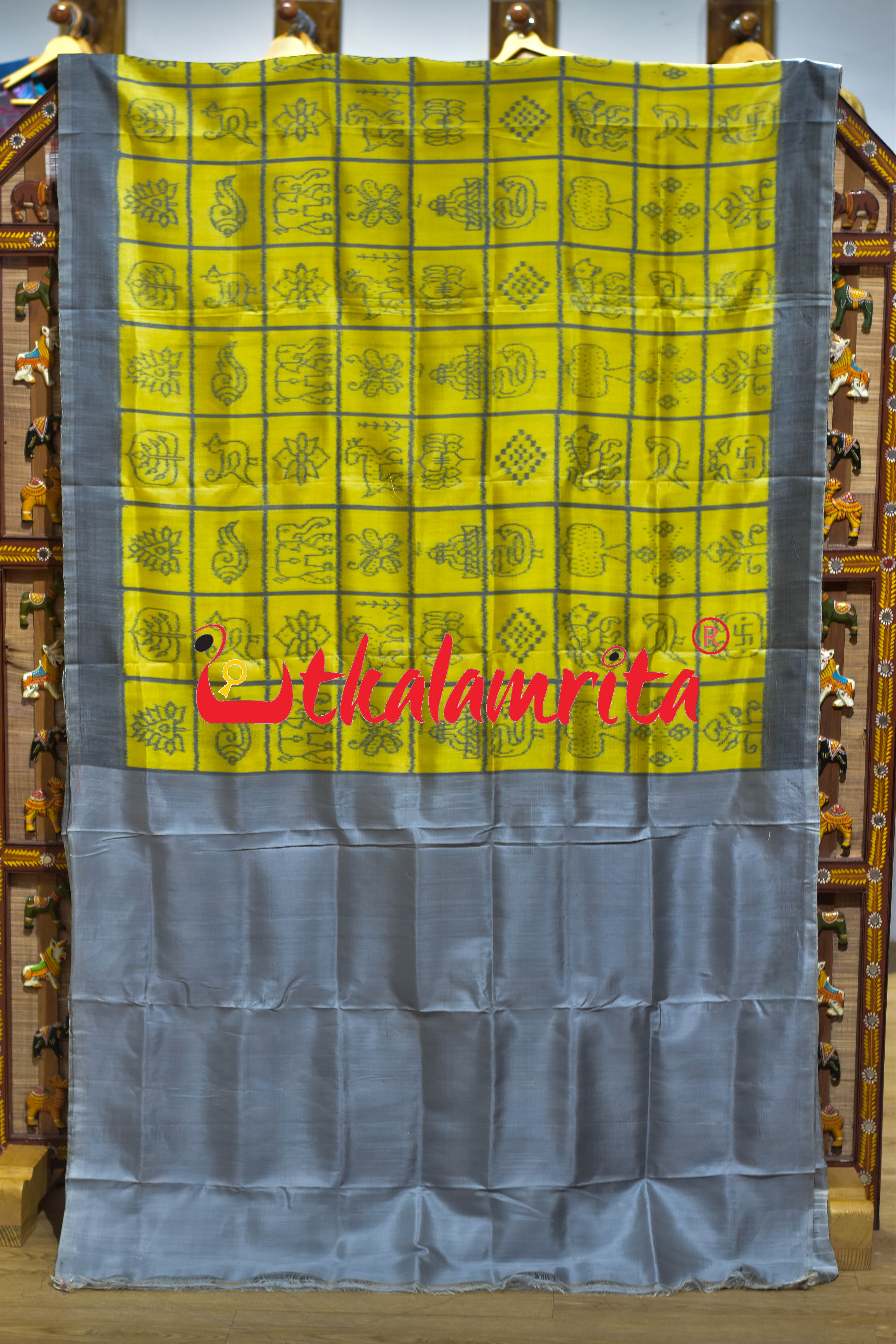 Yellow Grey Nabakothi Khandua Silk Saree