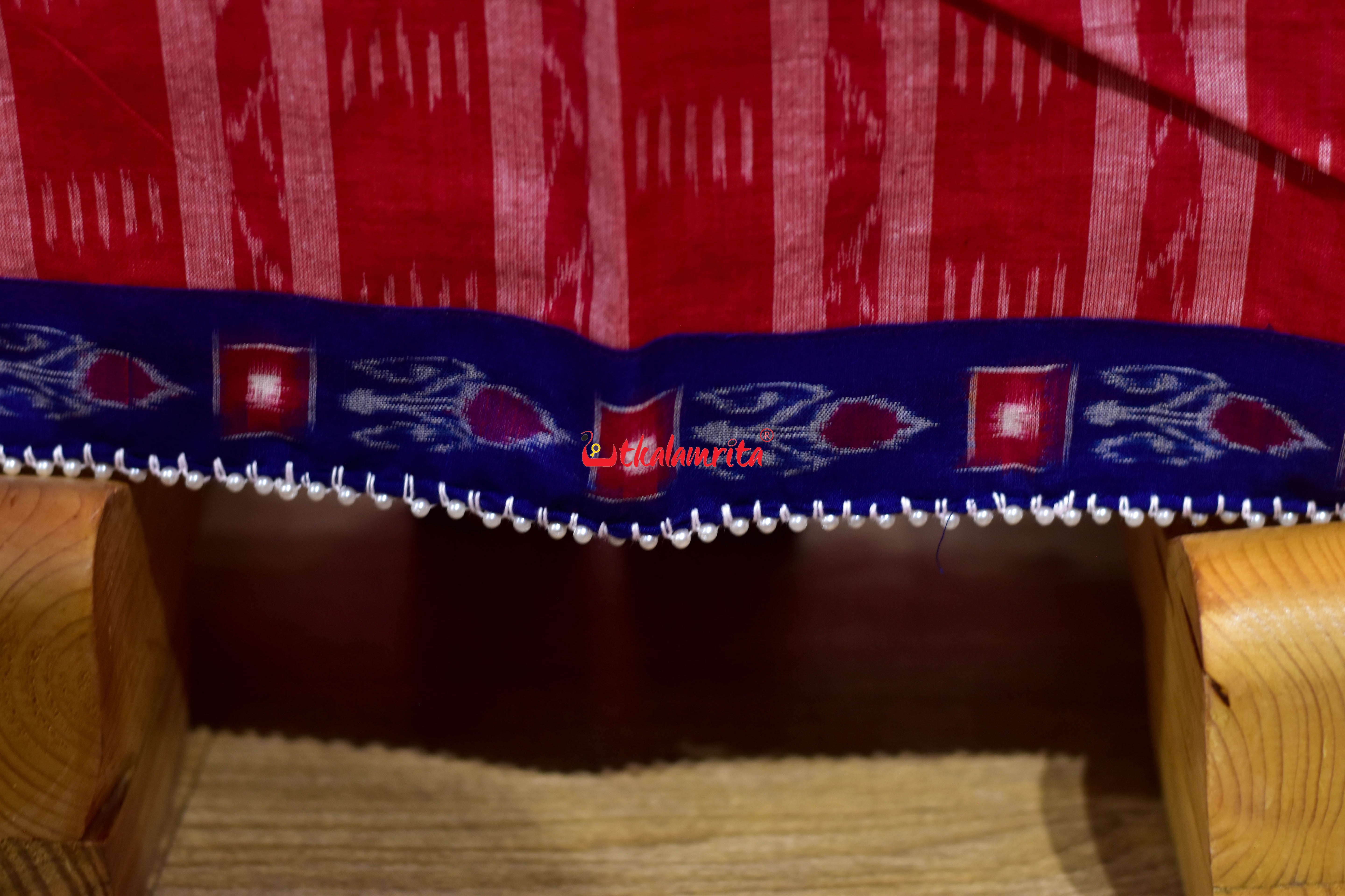 Red White Stripes Blue Single Kadha Pasapali Designer Cotton Saree