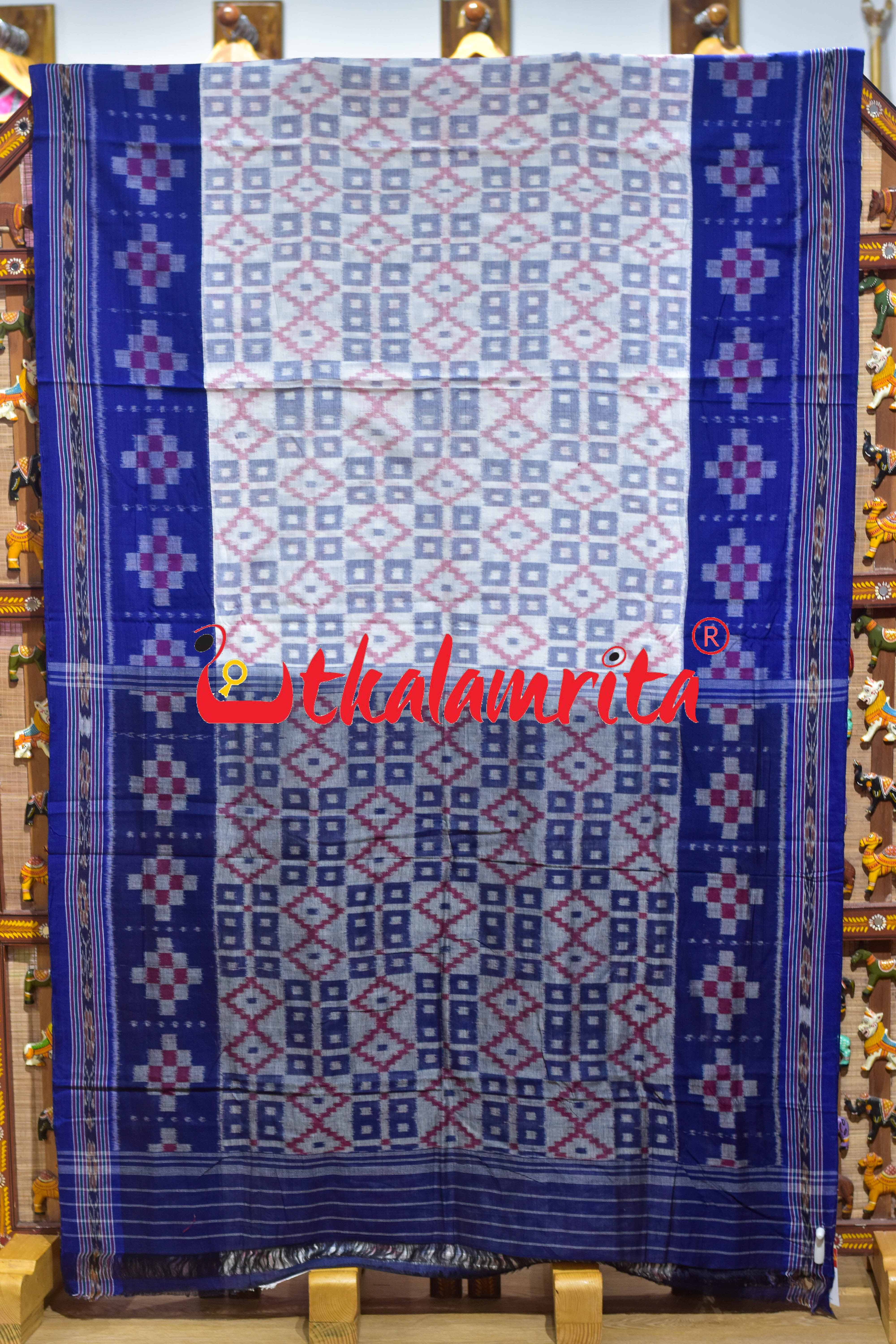 Border Pasapali White Blue 3D Khandua Cotton Saree