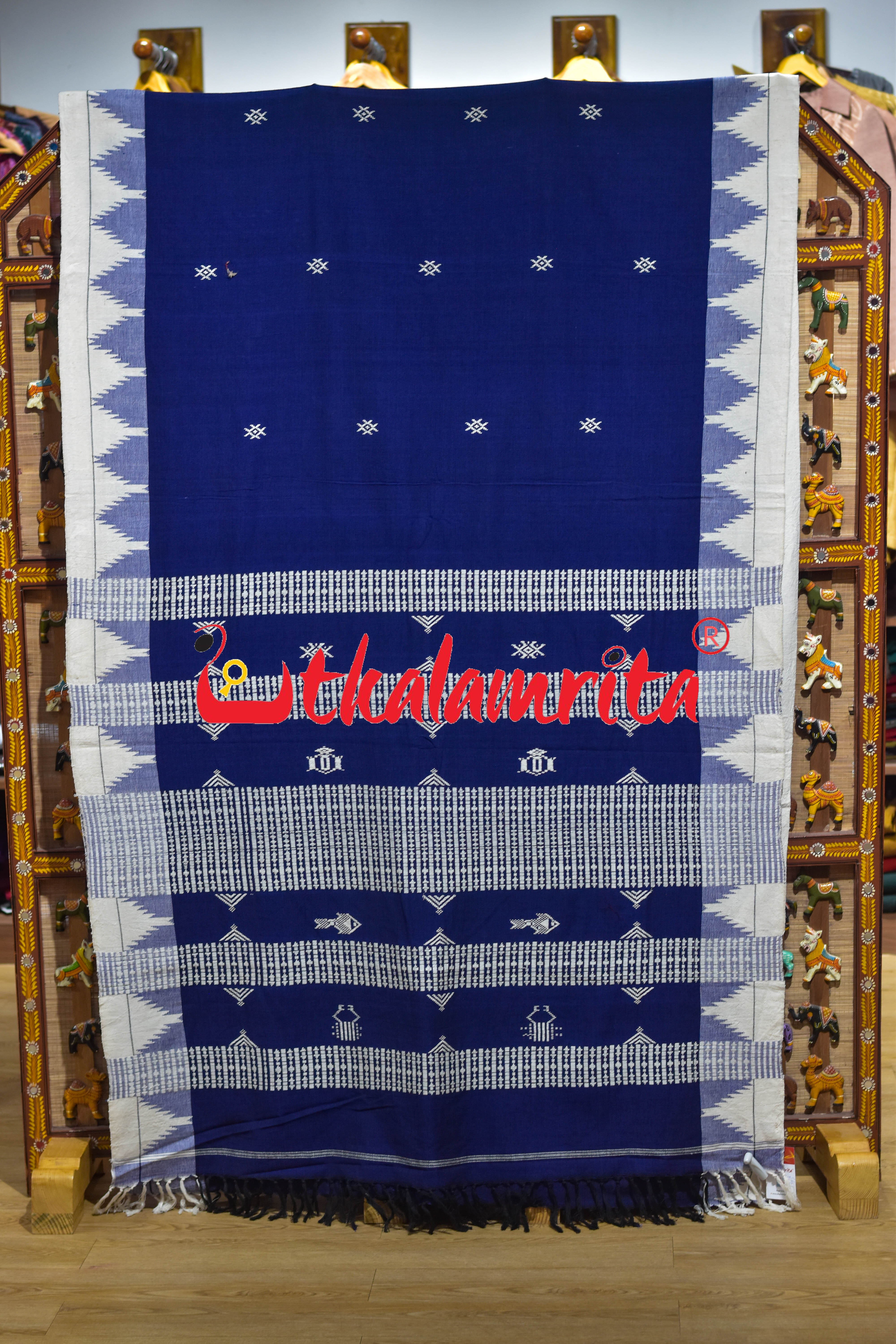 Blue White Temple Border Kotpad Cotton Saree