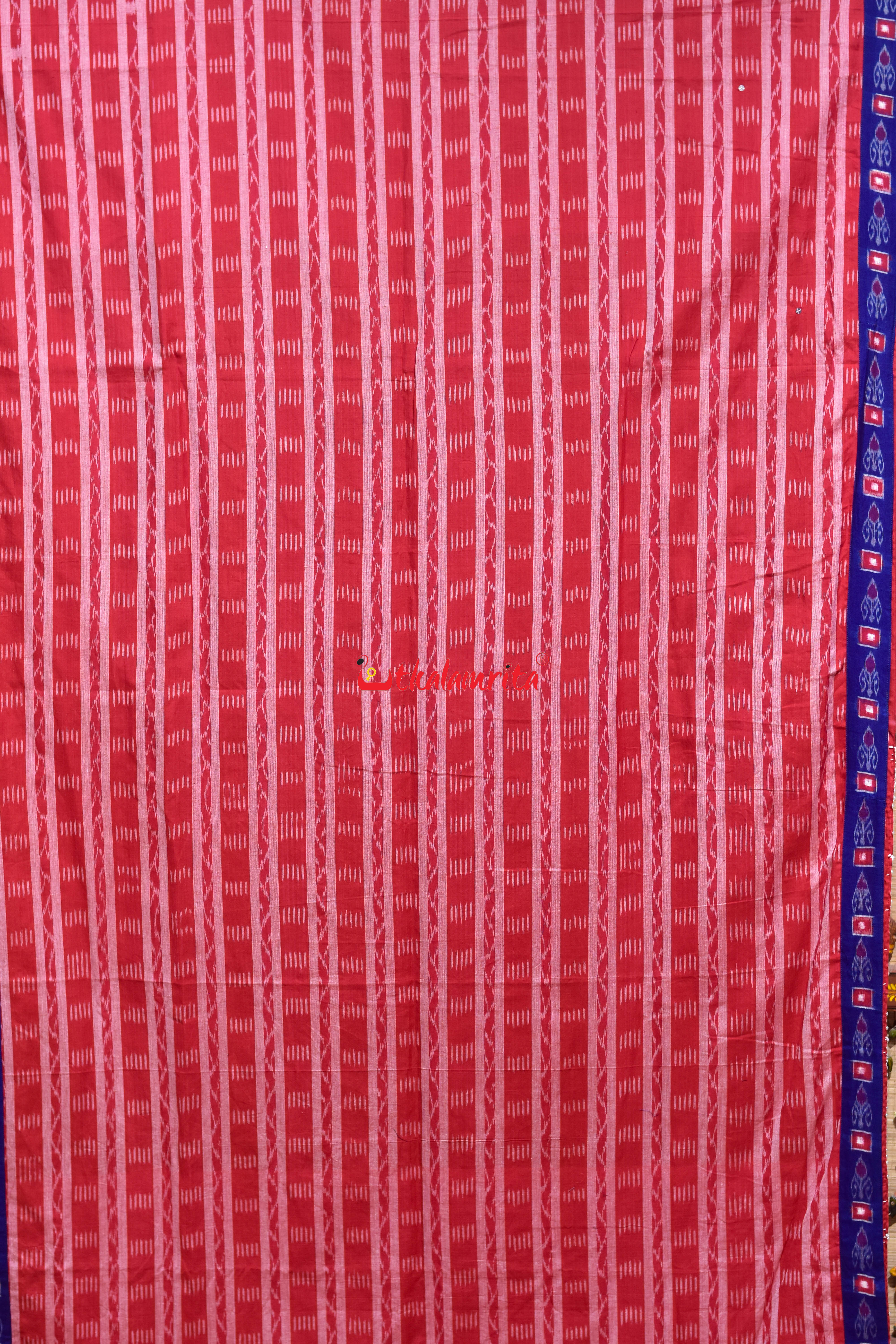 Red White Stripes Blue Single Kadha Pasapali Designer Cotton Saree