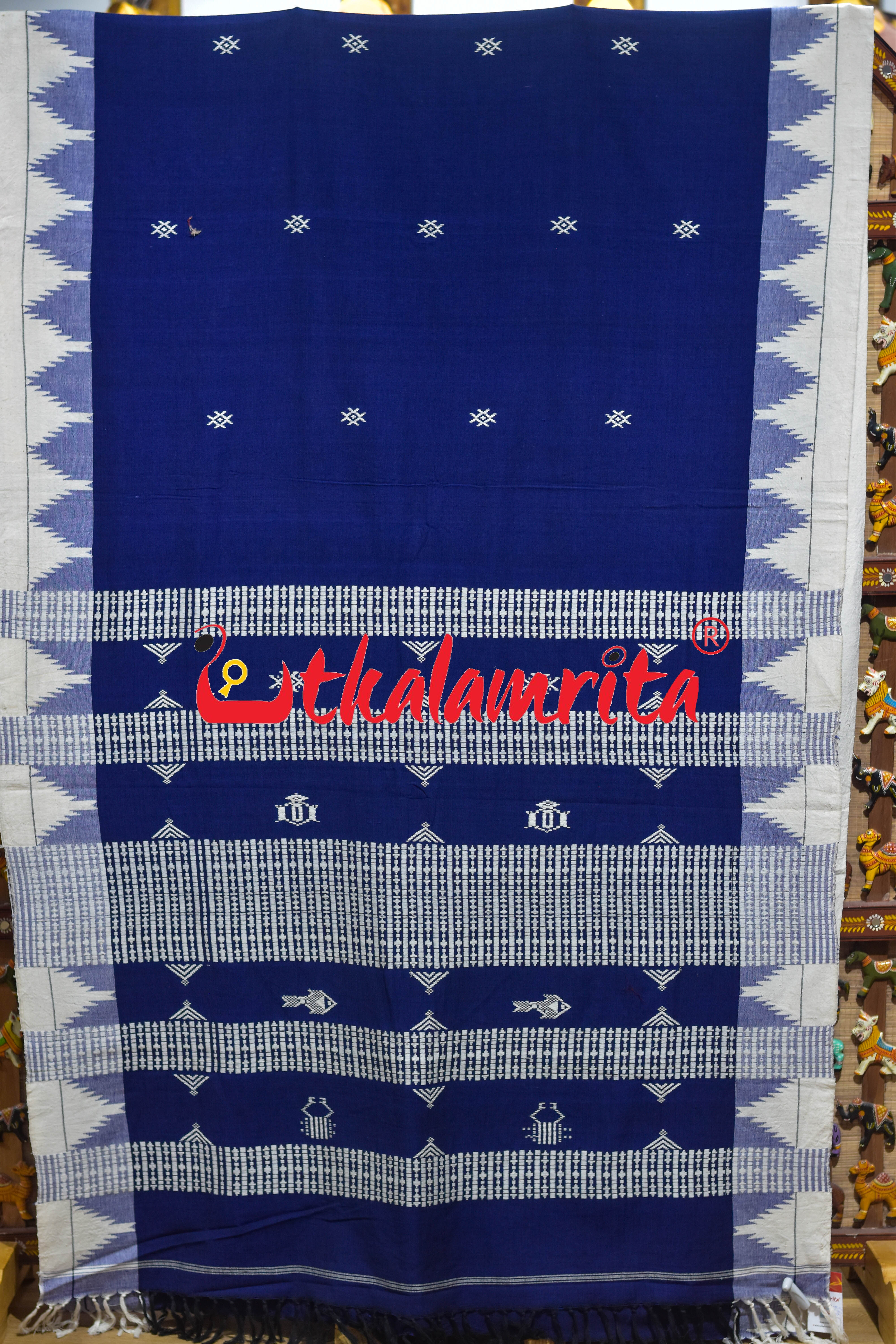 Blue White Temple Border Kotpad Cotton Saree