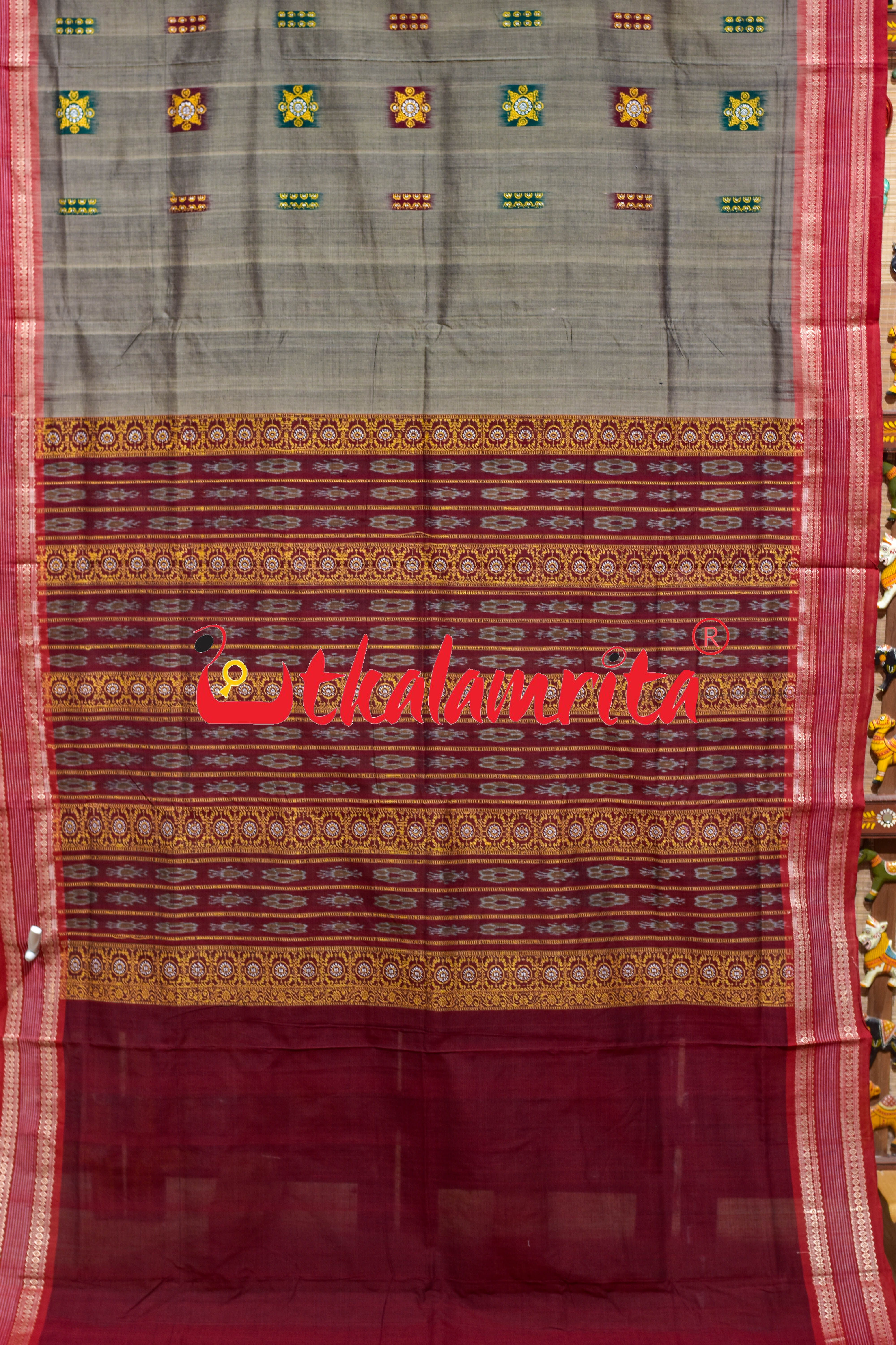 Box Bomkai Grey Red Cotton Saree
