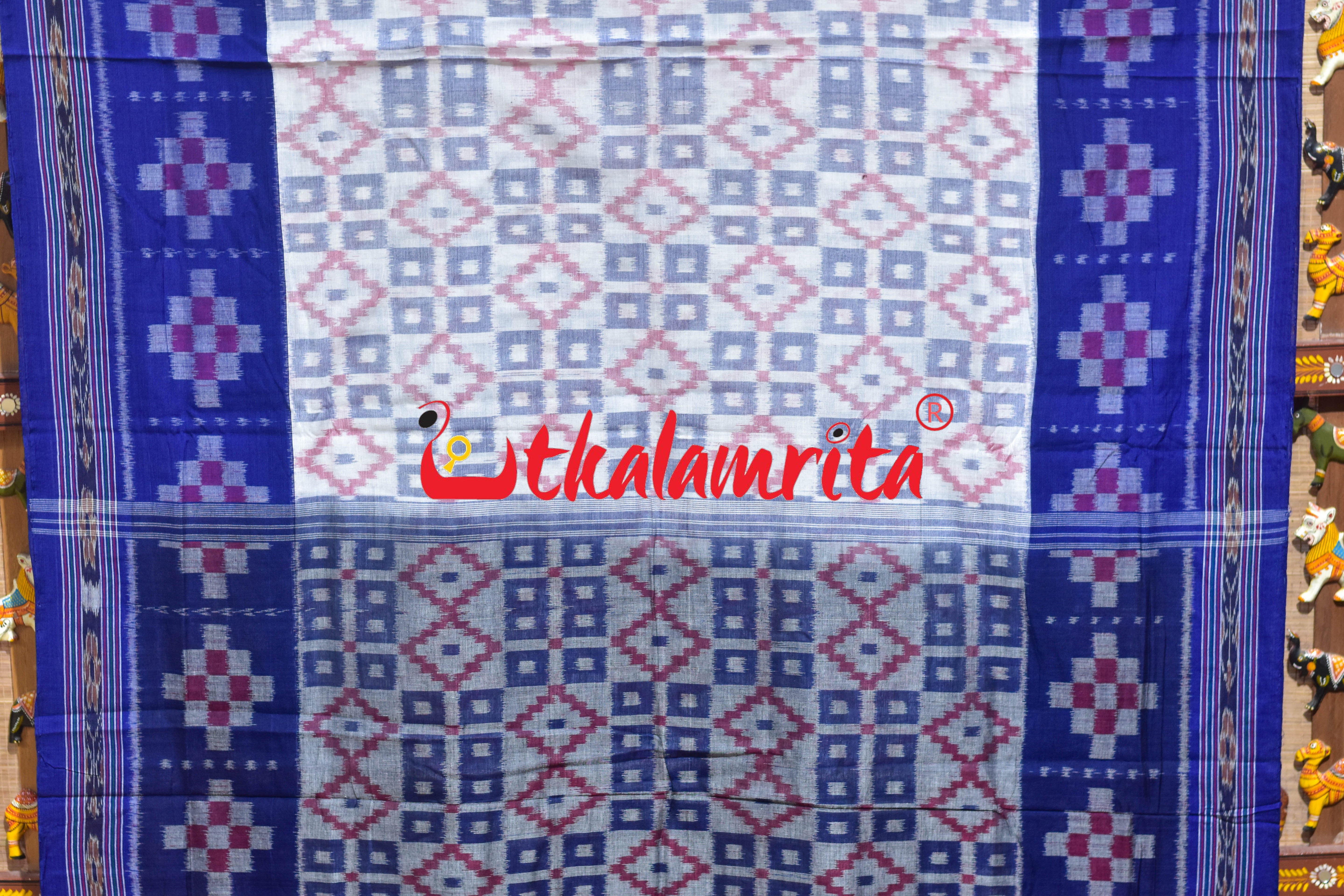 Border Pasapali White Blue 3D Khandua Cotton Saree