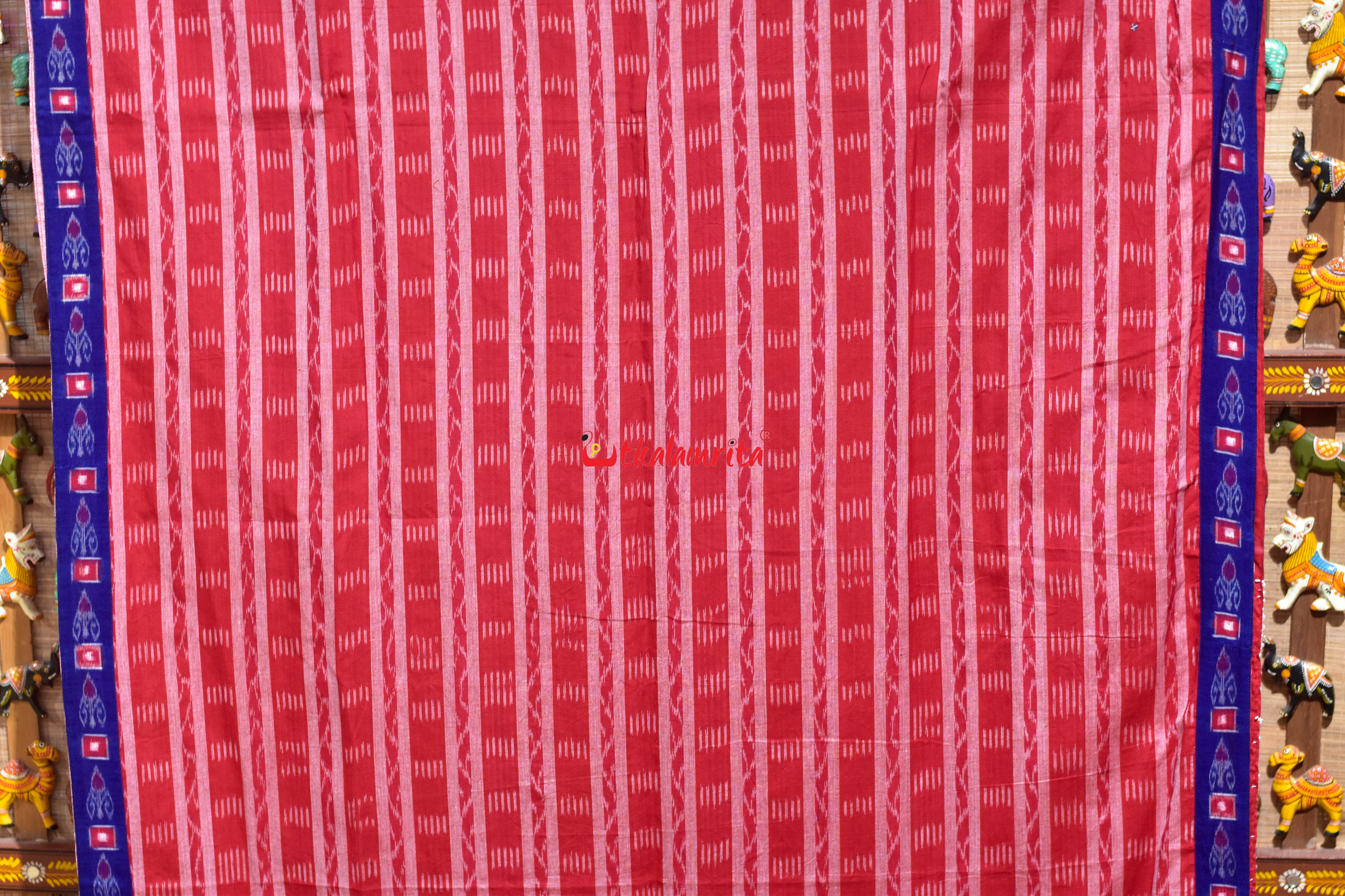 Red White Stripes Blue Single Kadha Pasapali Designer Cotton Saree