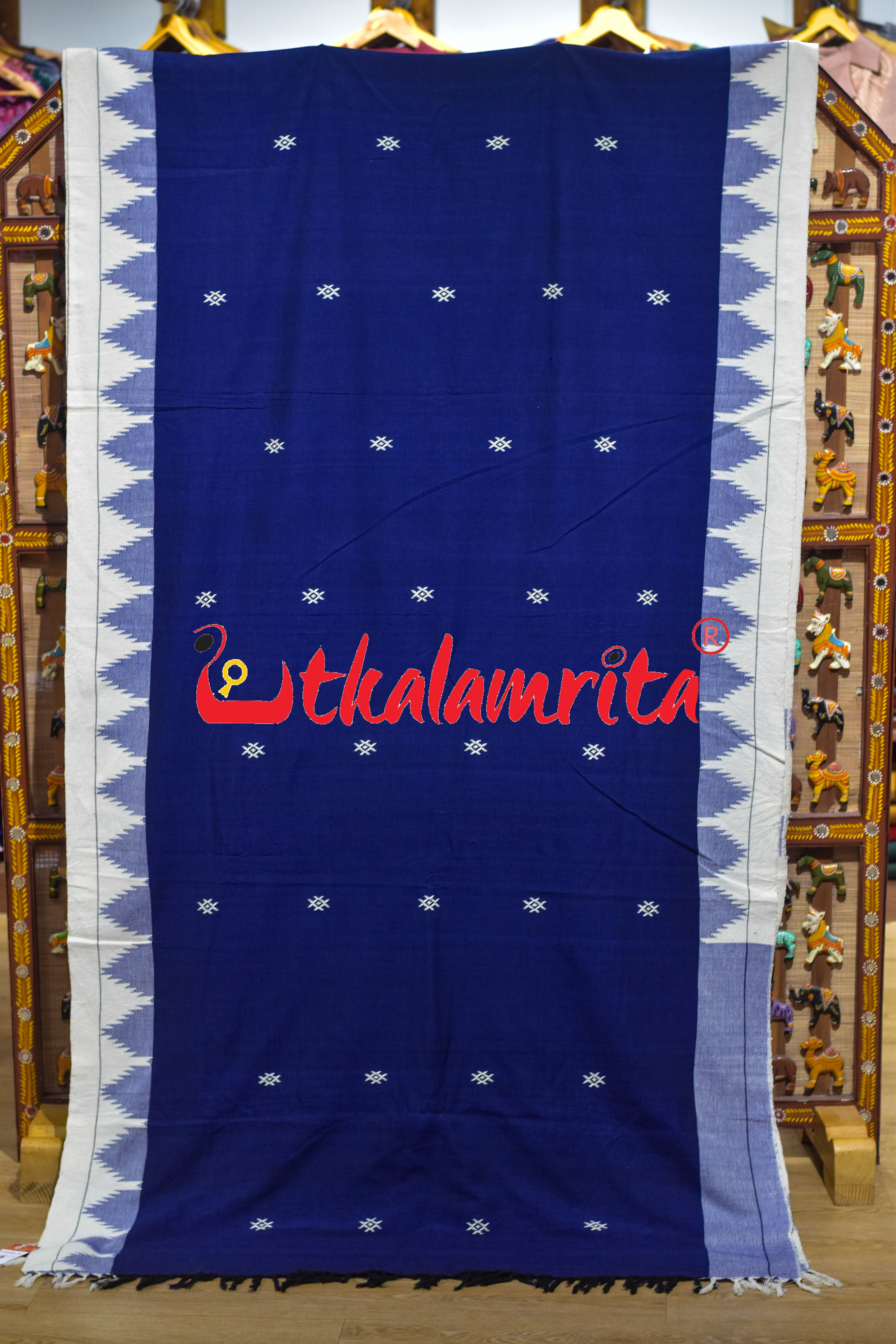 Blue White Temple Border Kotpad Cotton Saree
