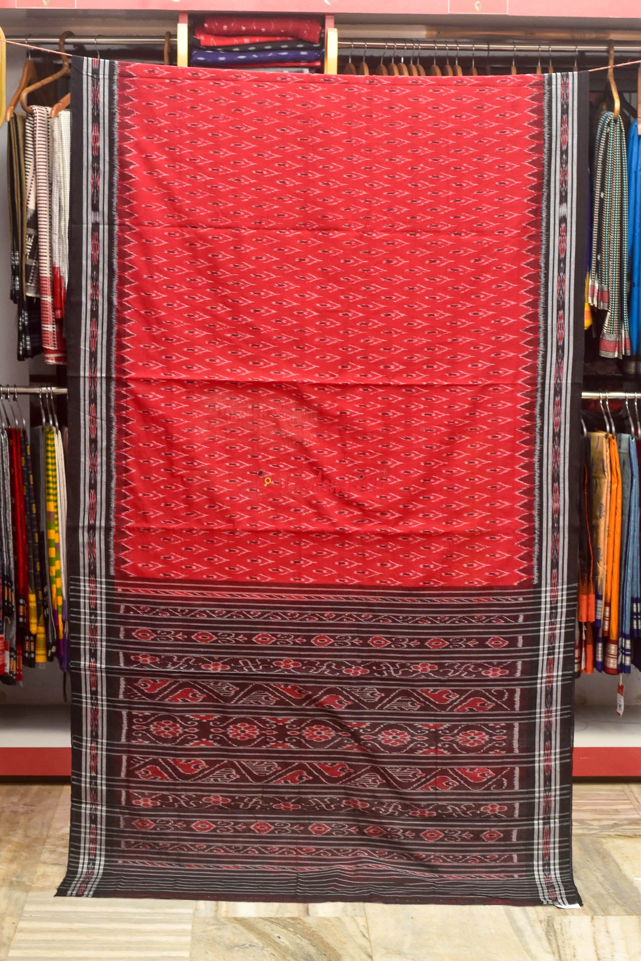 Red Black Kaniara Kadha Cotton Saree