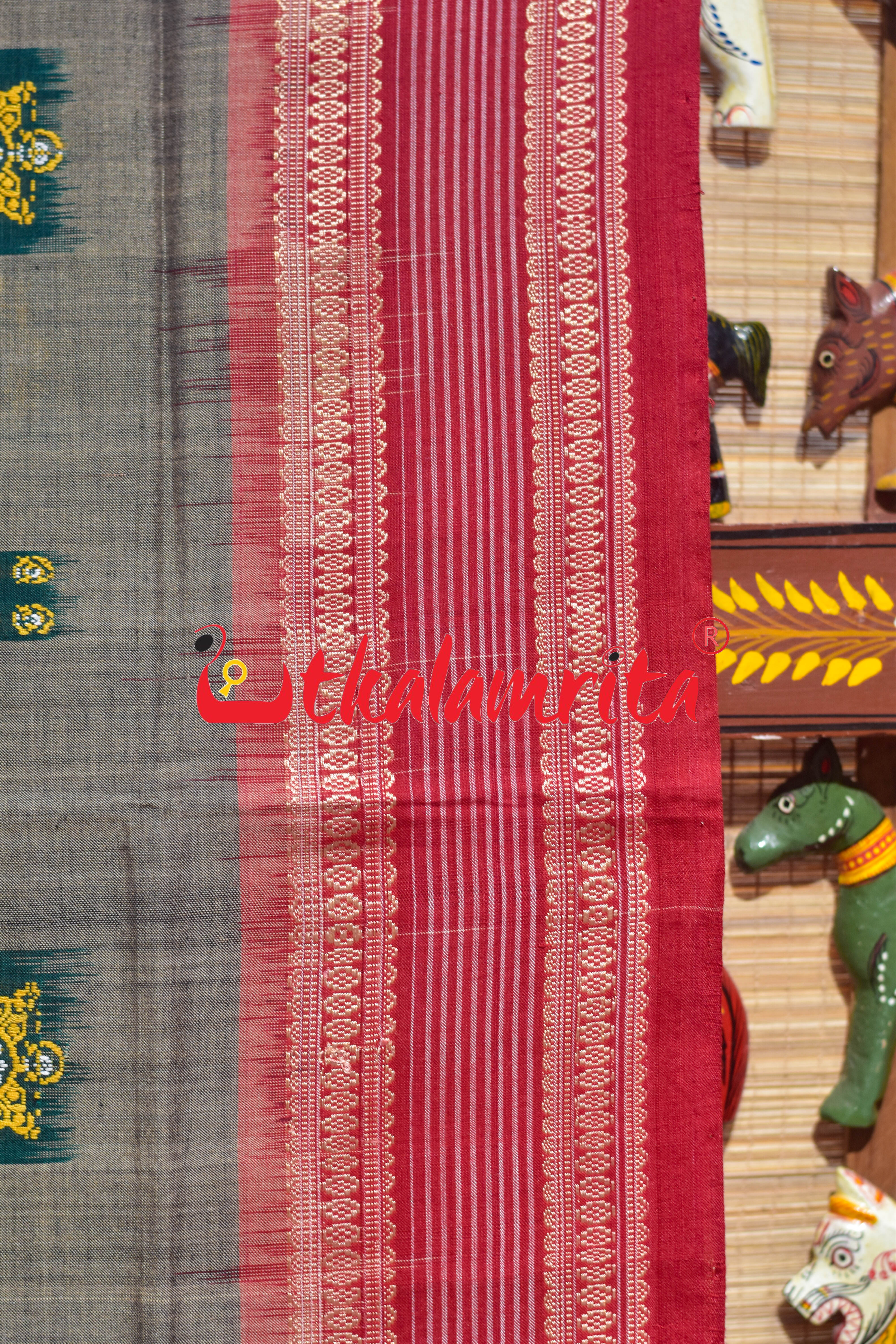 Box Bomkai Grey Red Cotton Saree