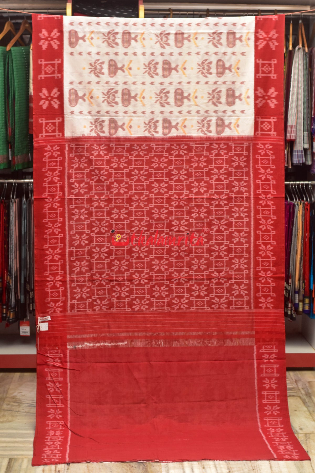 White Red Kalasa Border Design Khandua Cotton Saree