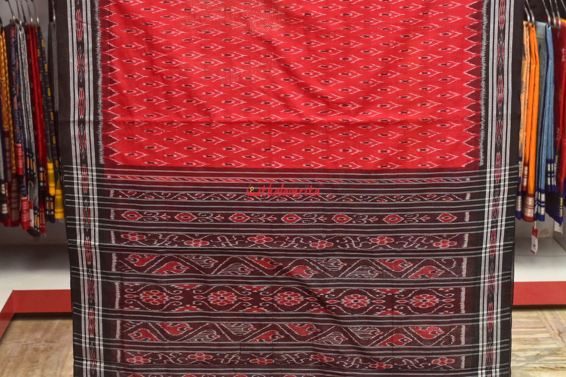 Red Black Kaniara Kadha Cotton Saree